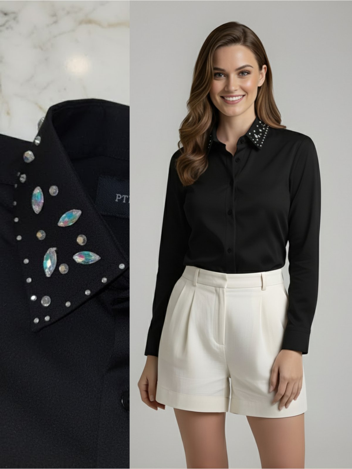 Camisa Social Feminina com Gola de Strass Premium Preto| Blusa de Luxo Manga Longa Elegante com Aplicações de Brilho