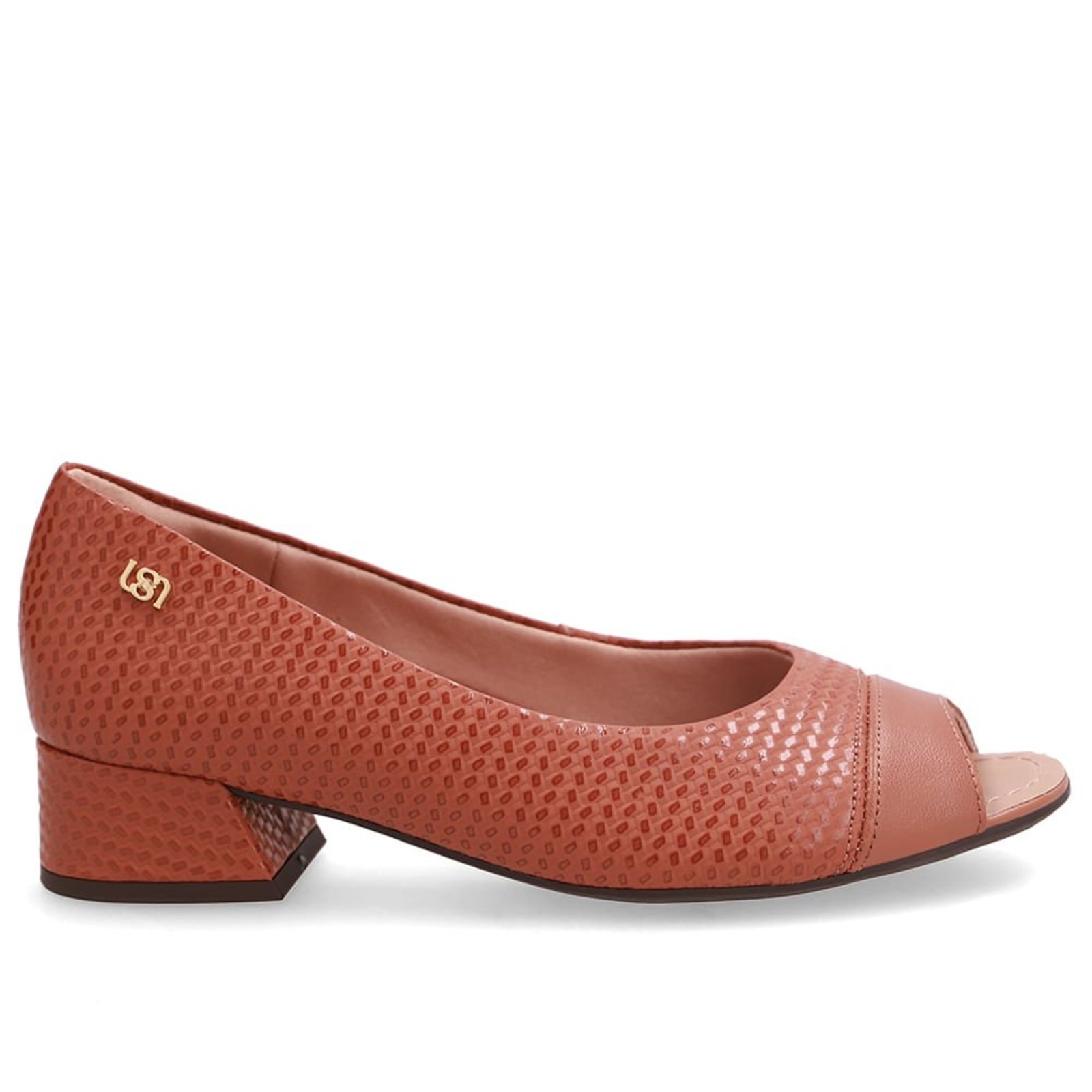 Peep Toe Em Couro Marrom Texturizado Com Salto Bloco