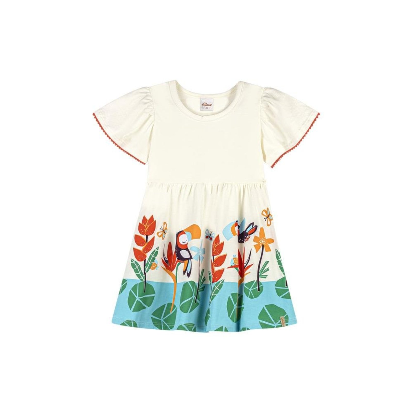 Infantil - Vestido Manga Curta Estampa Tropical Tucano Elian Off White 1 Unico