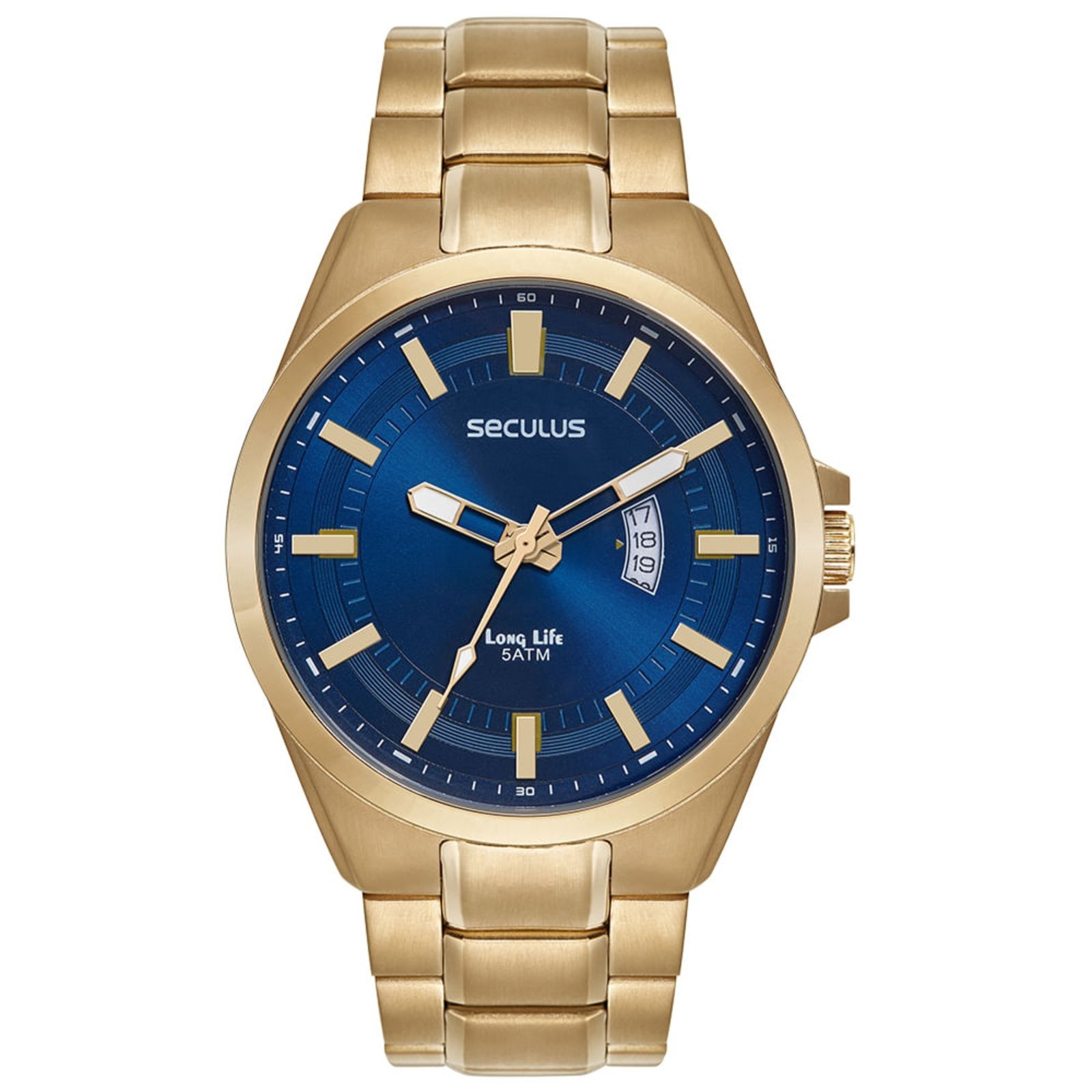 Relógio Masculino Aço Casual Dourado Mostrador Azul Seculus