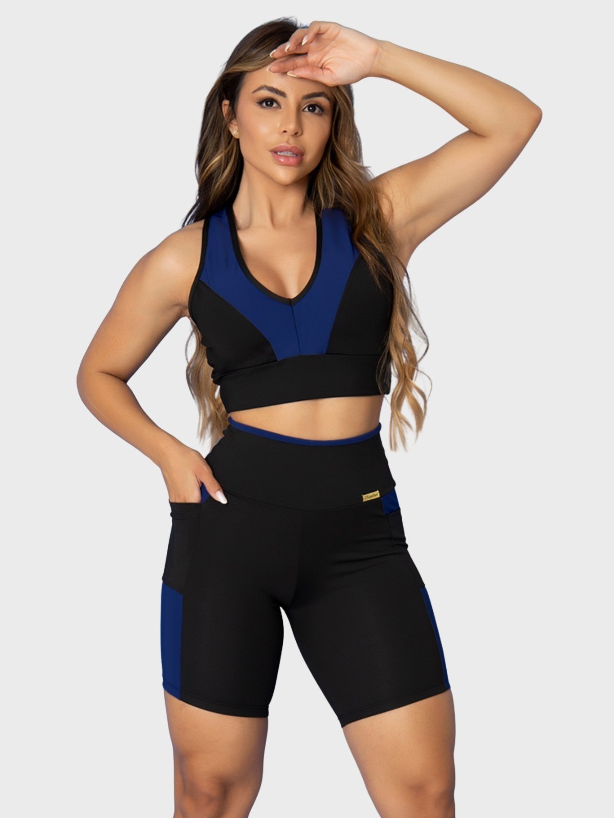 Conjunto Fitness Tarelles Top Short Bolso Preto e Azul Marinho