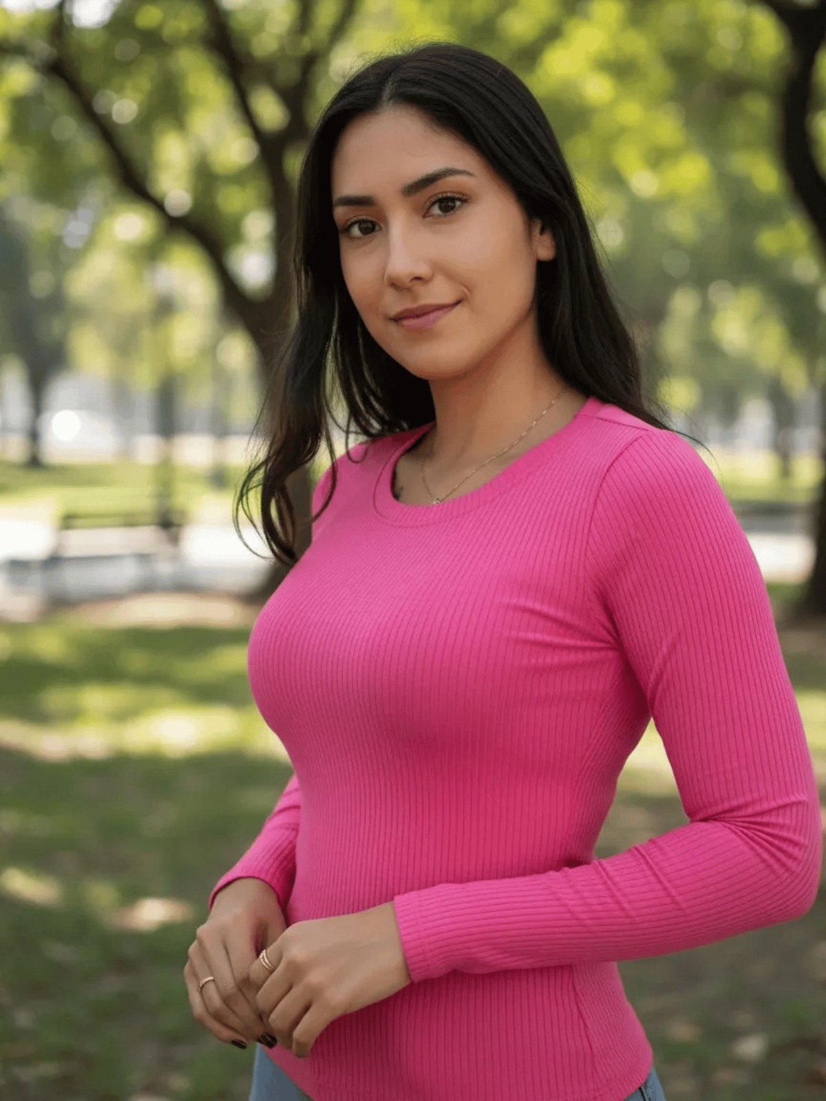 Blusa Feminina Canelada Justa Manga Longa Gola Redonda Flor De Lis