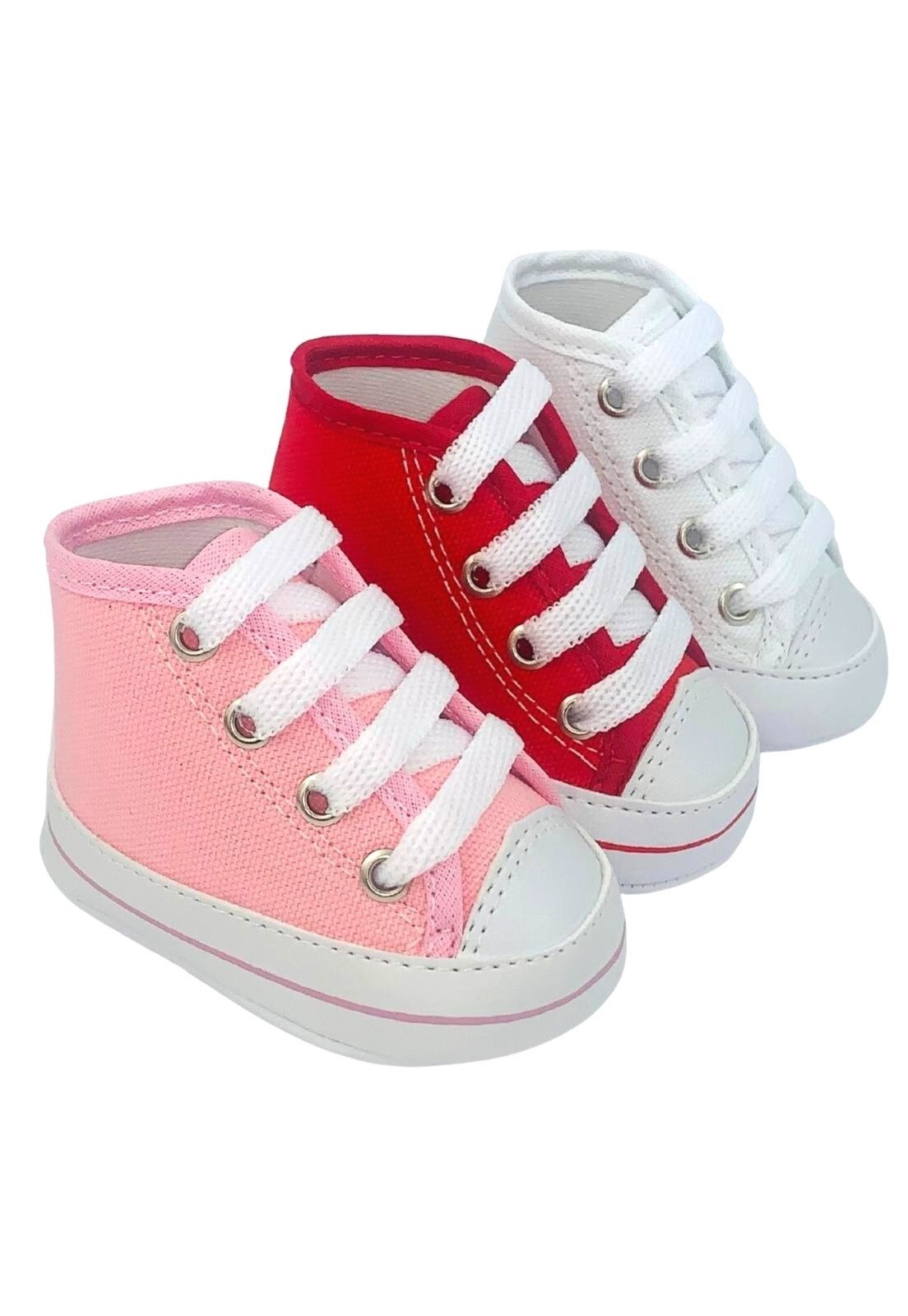 Infantil – Kit Com 3 Pares Sapatinho De Cano Alto Direto Da Fabrica T20 Branco E Vermelho E Rosa