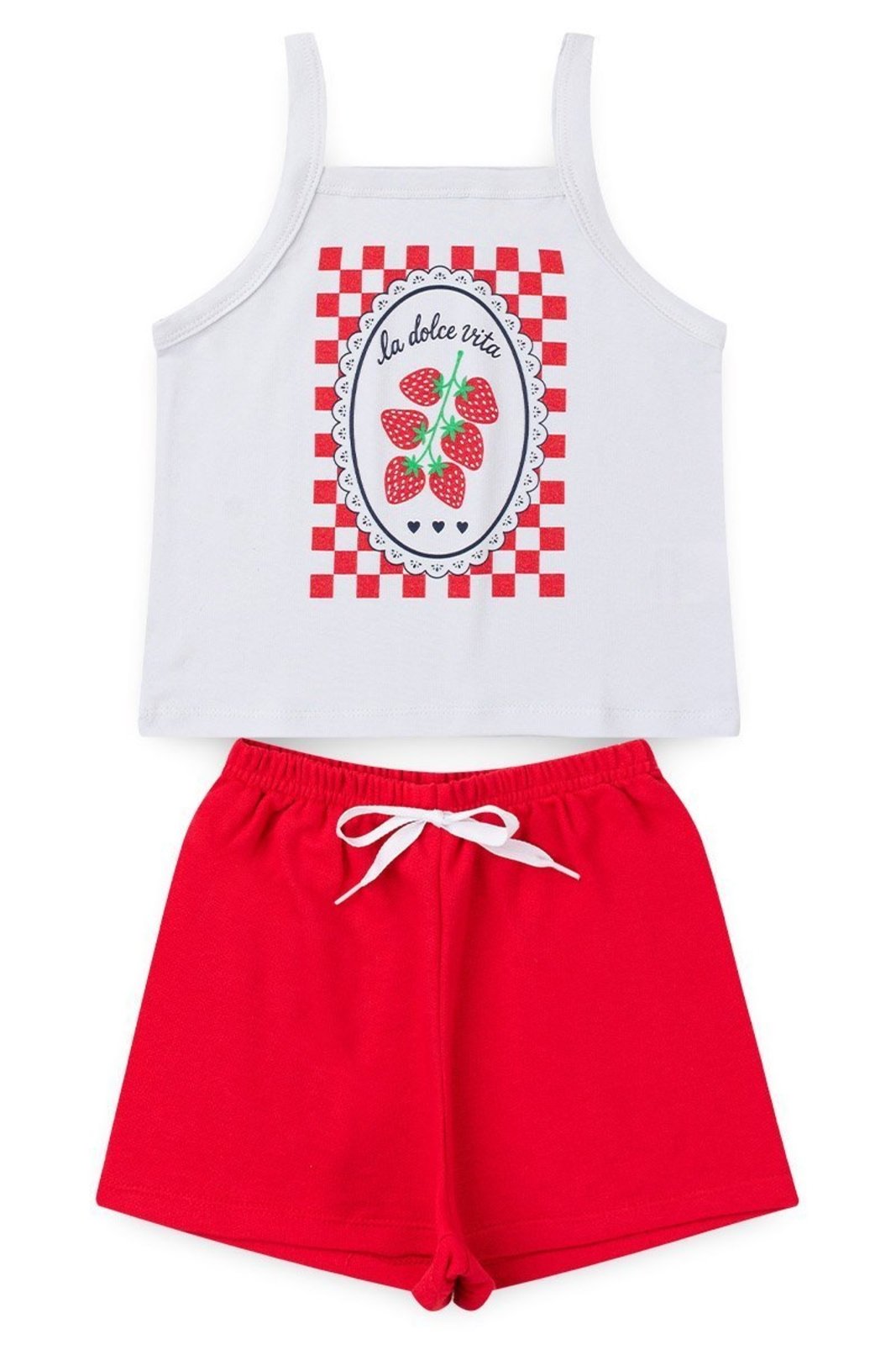 Infantil - Conjunto Menina Verão Blusa Cropped de Alcinha Estampa Morangos em Cotton Shorts Moletinho