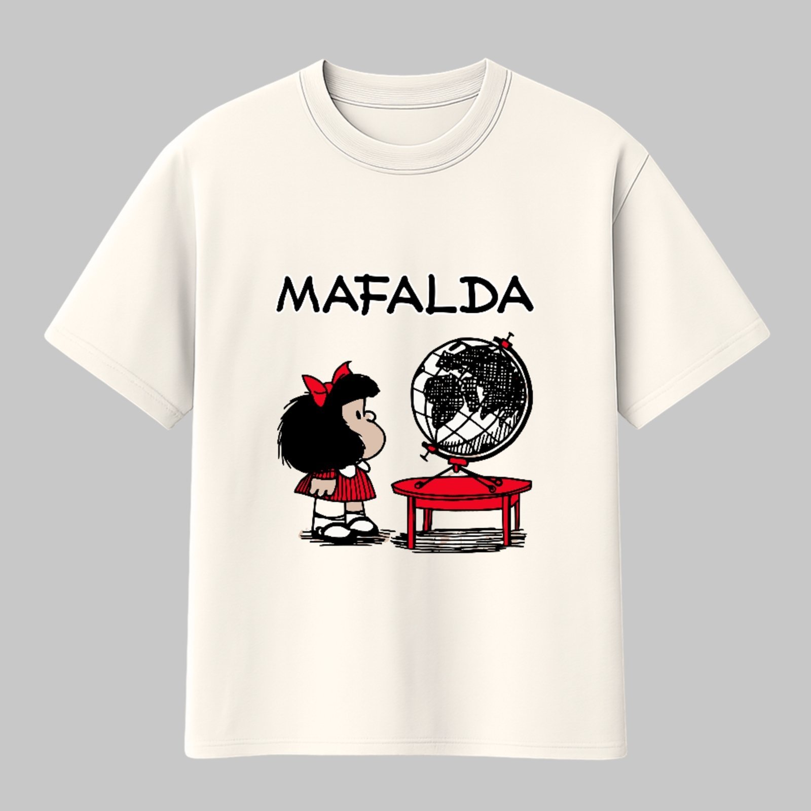 Camiseta Básica Pensamento Global Icônico Mafalda Desenho Clássico Unissex Off White