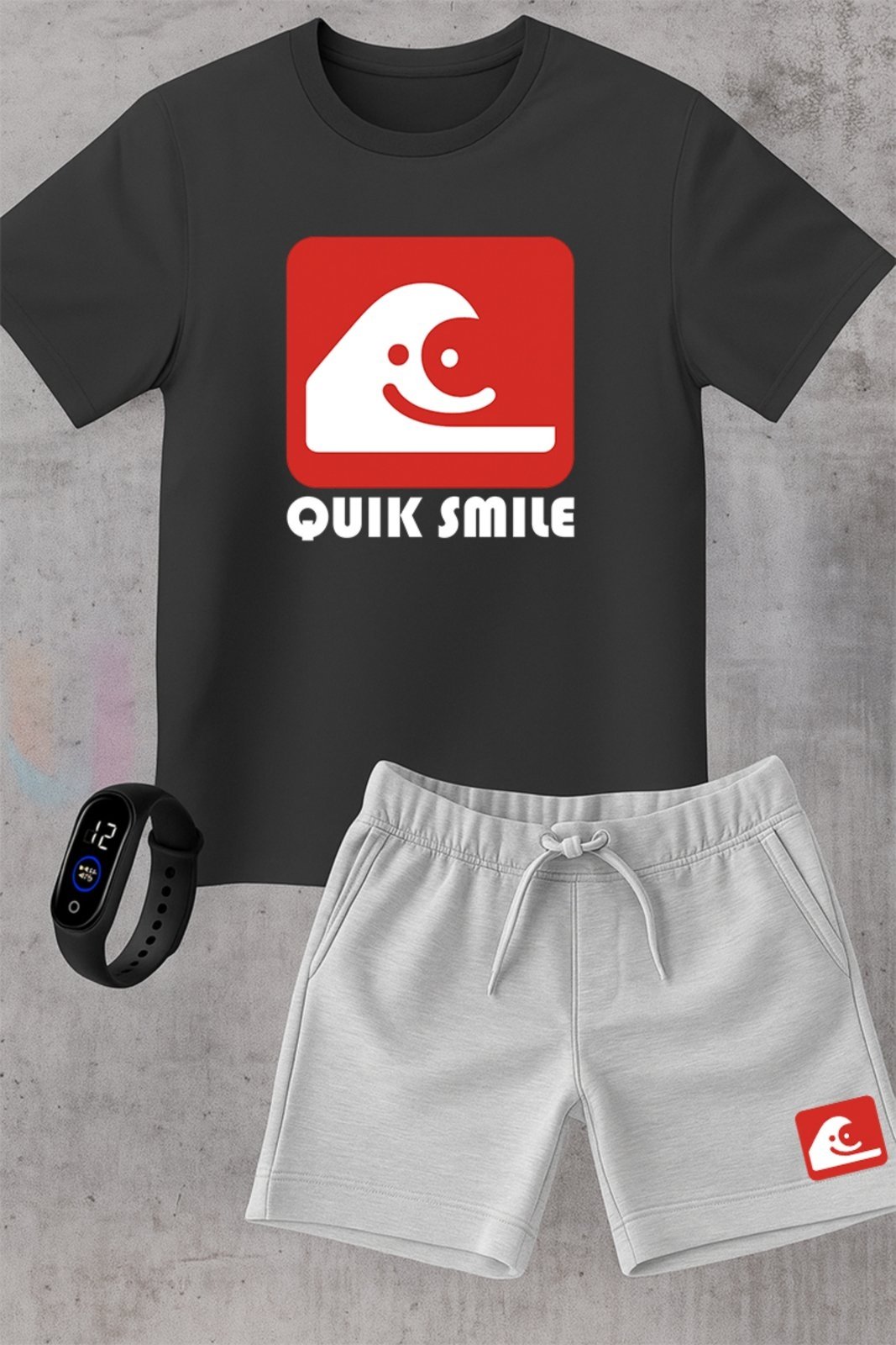 Infantil - Kit Camiseta menino Urbania Algodão preta Short Bermuda cinza menina Conjunto black promoção oferta + brinde relogio estampa quik smile estilo silver