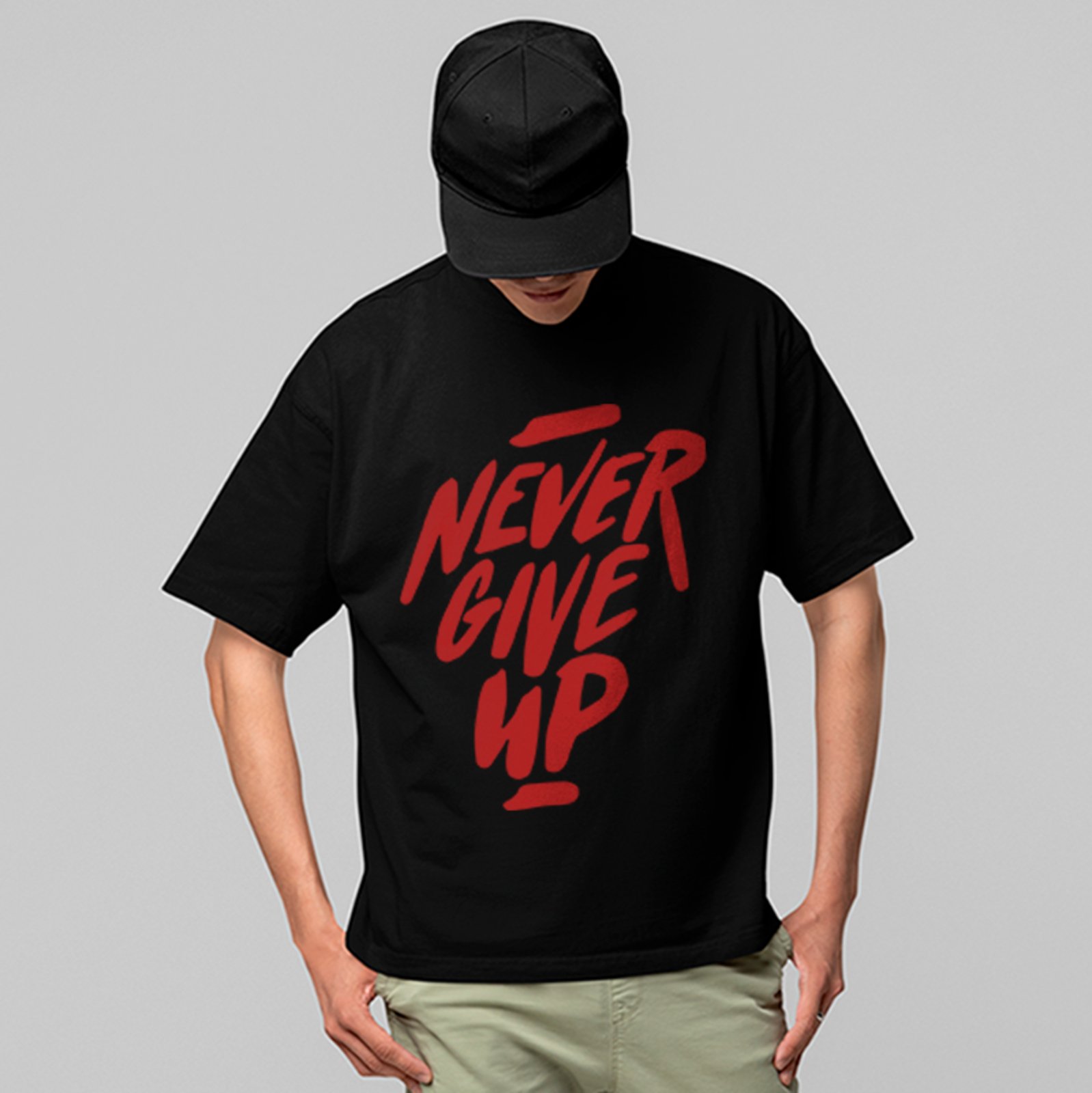 Camiseta Oversized Never Give Up Motivacional Unissex Preto