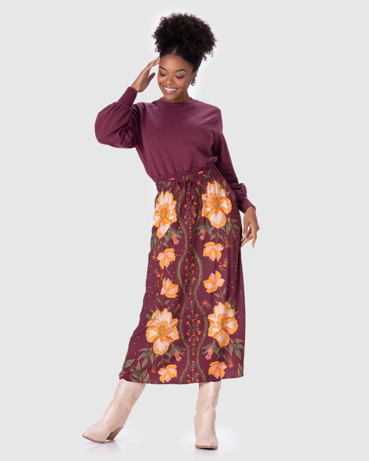Vista 3 Saia Midi Feminina Estampada Bolso Lateral Em Viscose Malwee vermelho Malwee vermelho