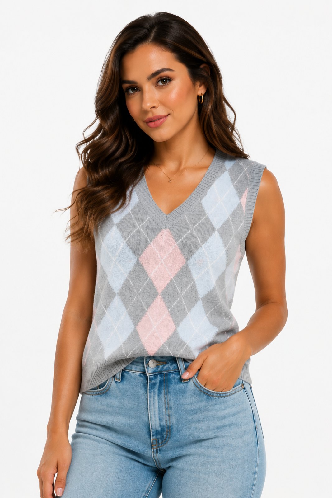 Colete Tricôt D Bell Outlet Fashion Argyle Preppy Cinza