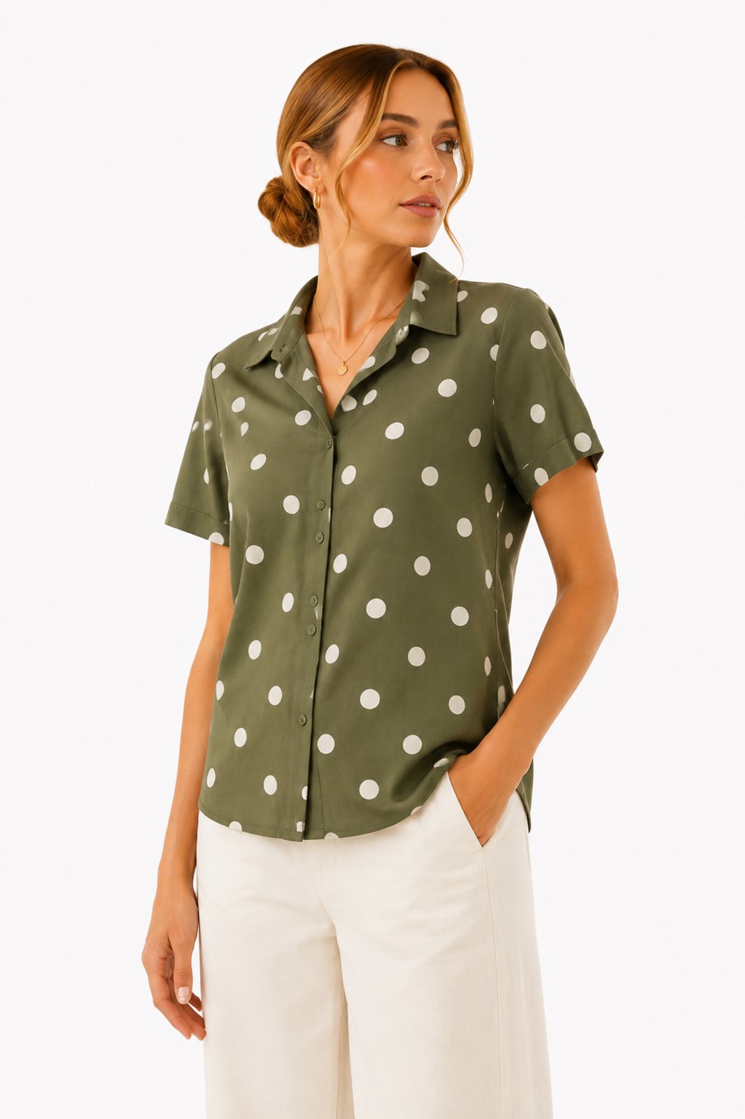 Camisa Feminina D Bell Outlet Fashion Poá Verde Oliva