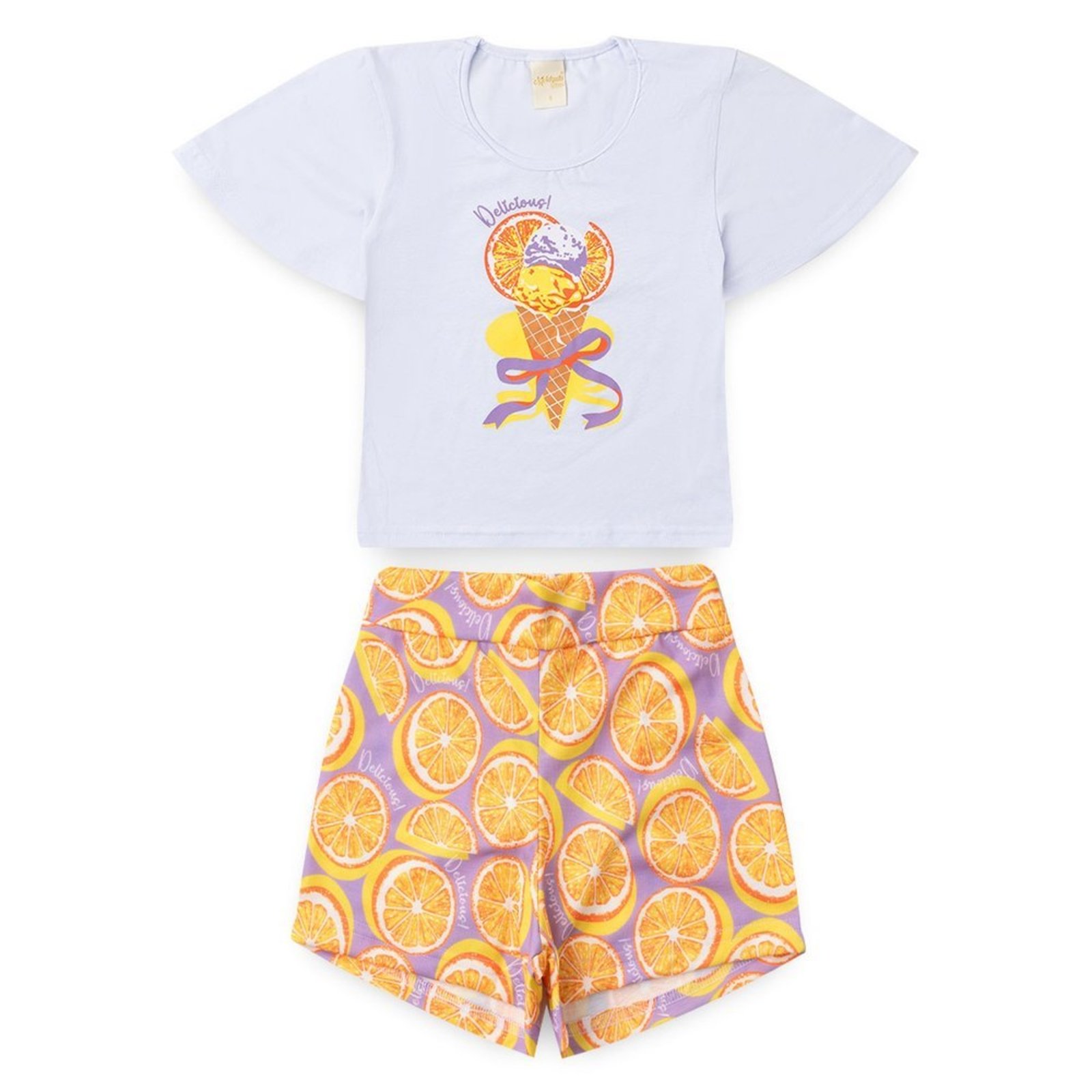 Infantil - Conjunto Verão Menina Branco T-shirt Over com Babado e Shorts Sorvete