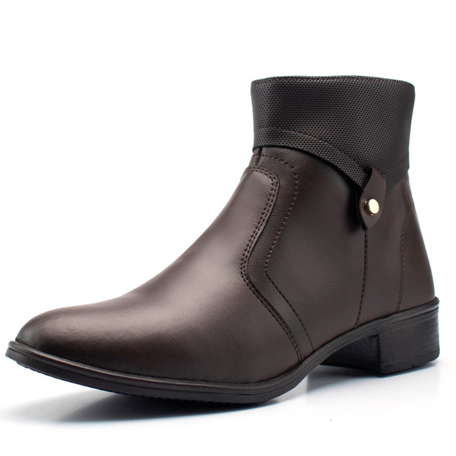 Bota Feminina Cano Baixo Bredeni Coturno Com Ziper Lateral Salto Baixo Detalhe Botao Marrom
