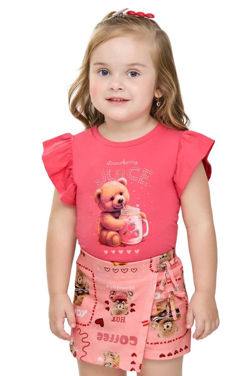 Infantil - Conjunto Menina Urso Strass Elian Coral