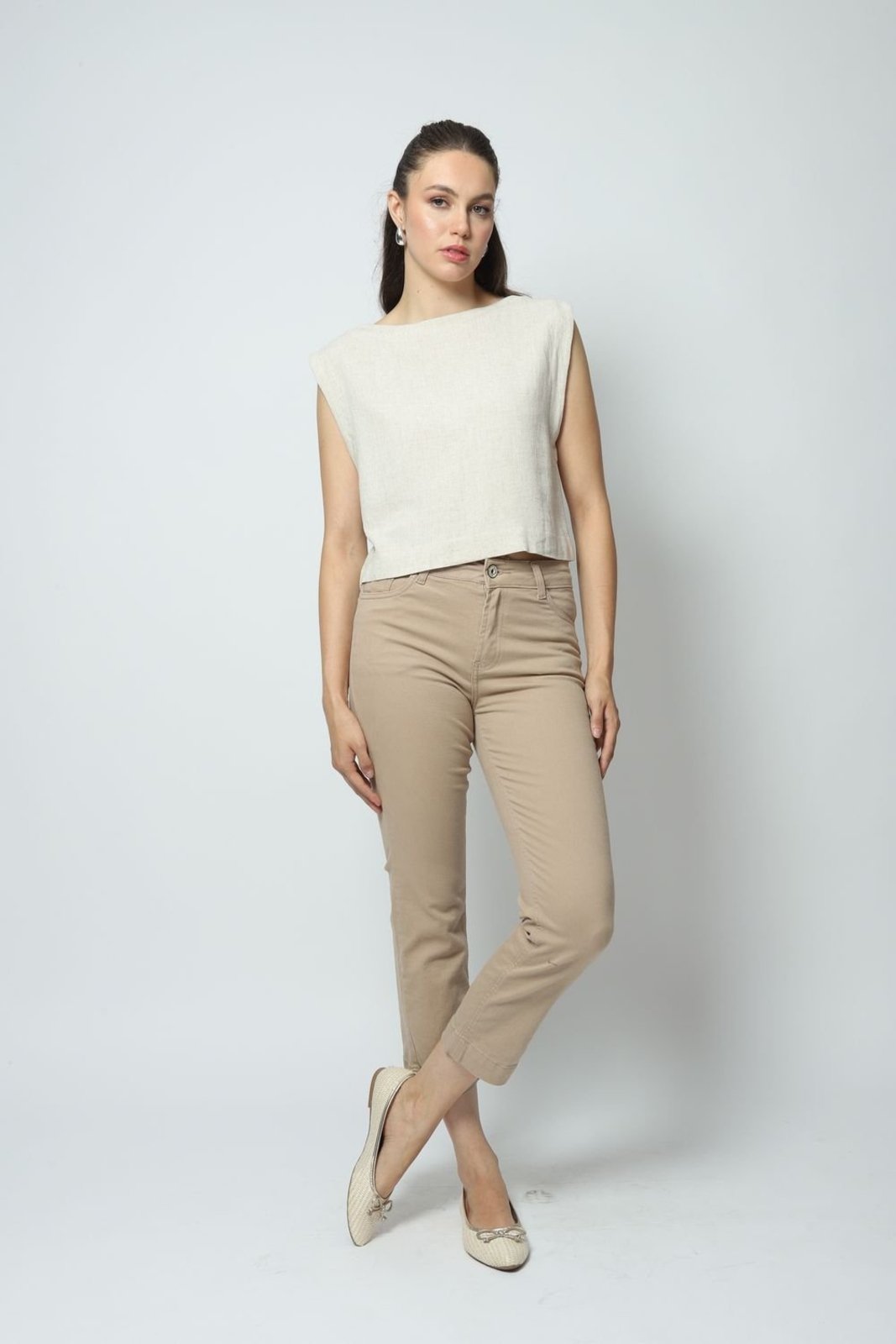 Calça Sarja Reta Slim Cropped Caqui 36 Gazzy