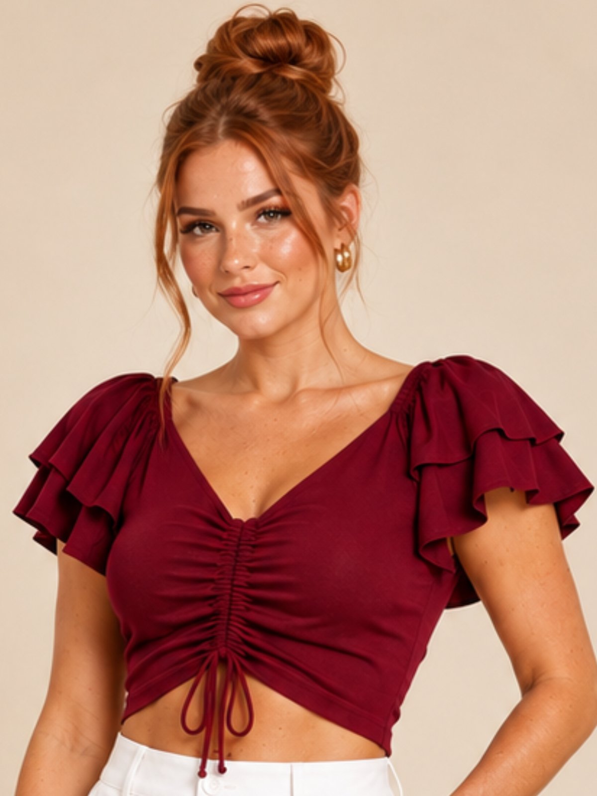 Blusa Ombro a Ombro Franzida Feminina Lapetry Delicada Moda Casual Vinho
