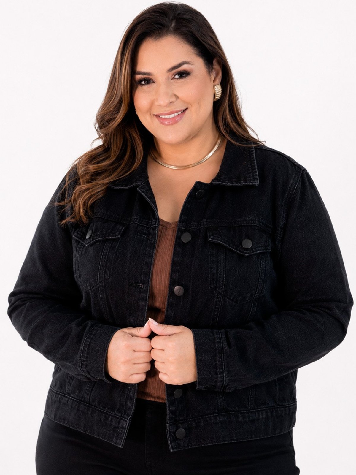 Jaqueta Feminina Plus Size Jeans Preto Botões Anticorpus