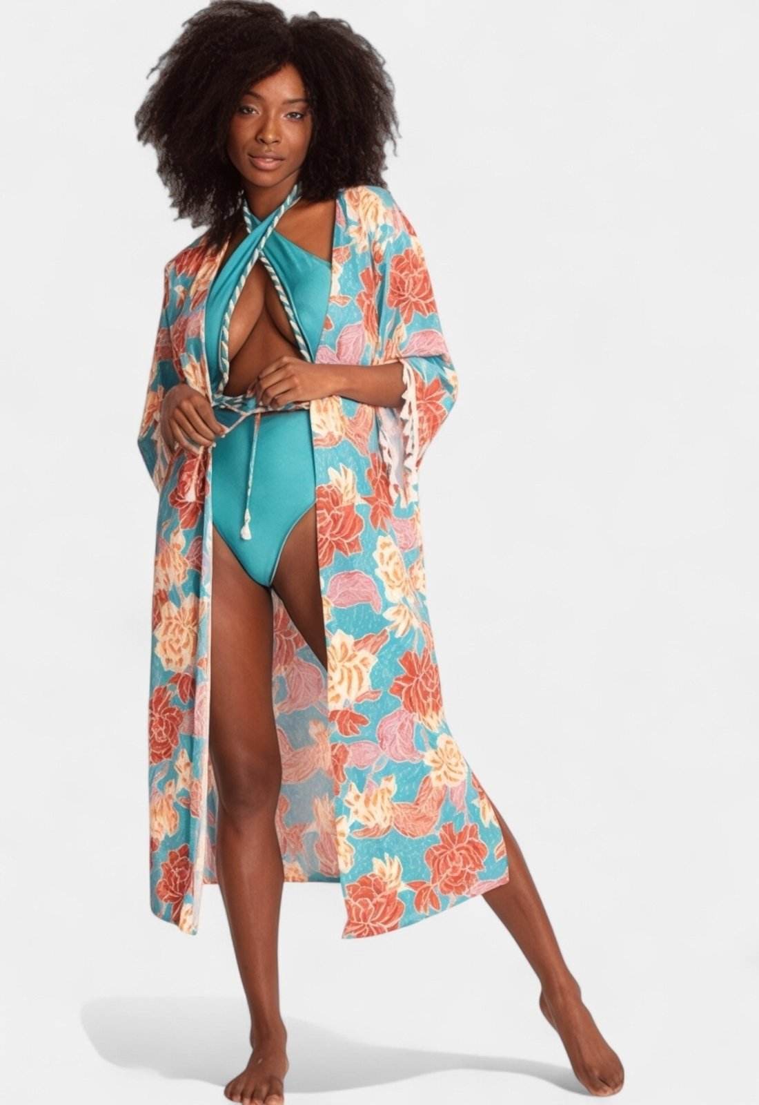 Vista 2 Kimono Areia Branca Baly Flores azul Areia Branca azul