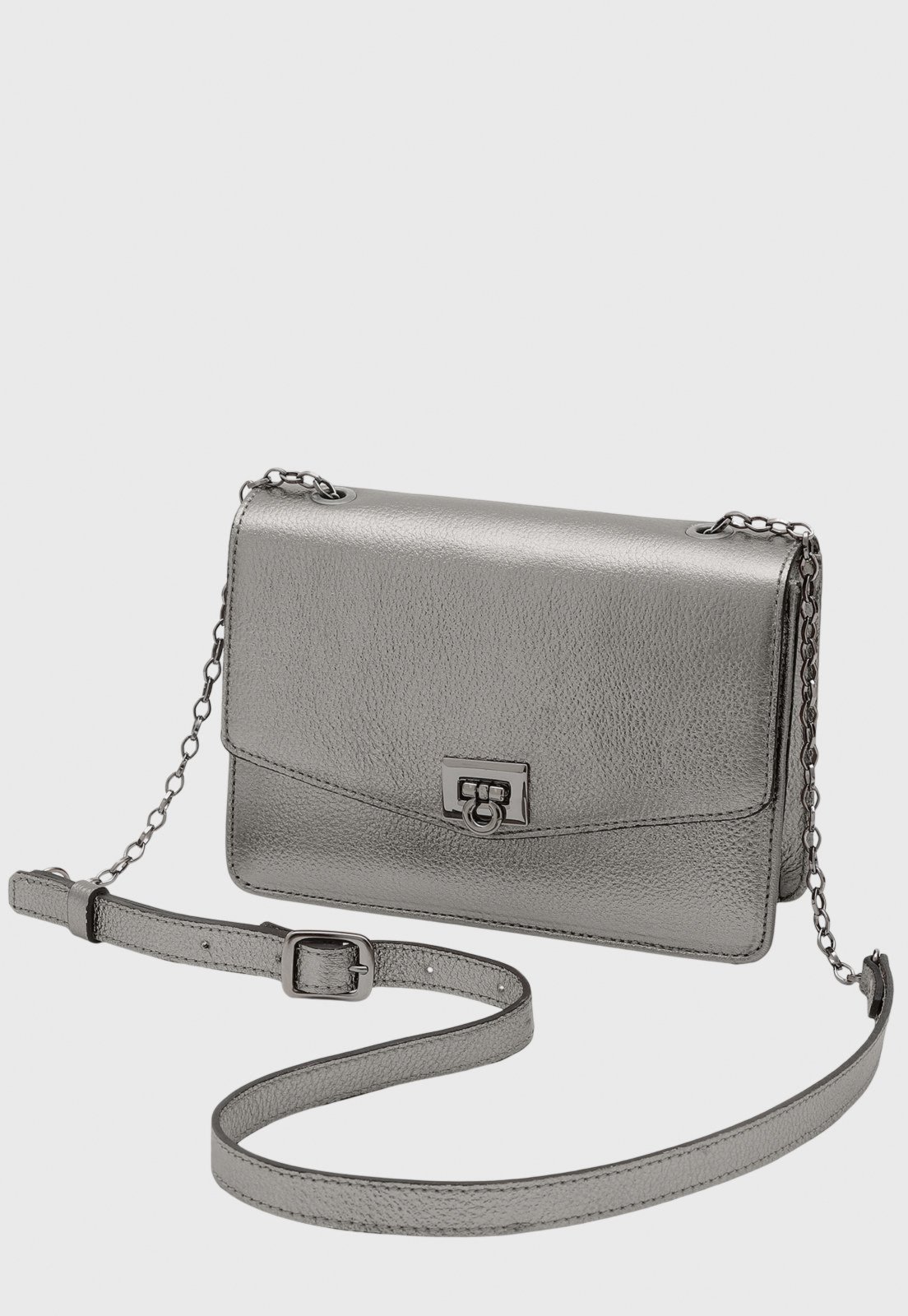 Vista 2 Bolsa Transversal Couro Mariart Margarida Onix prata prata