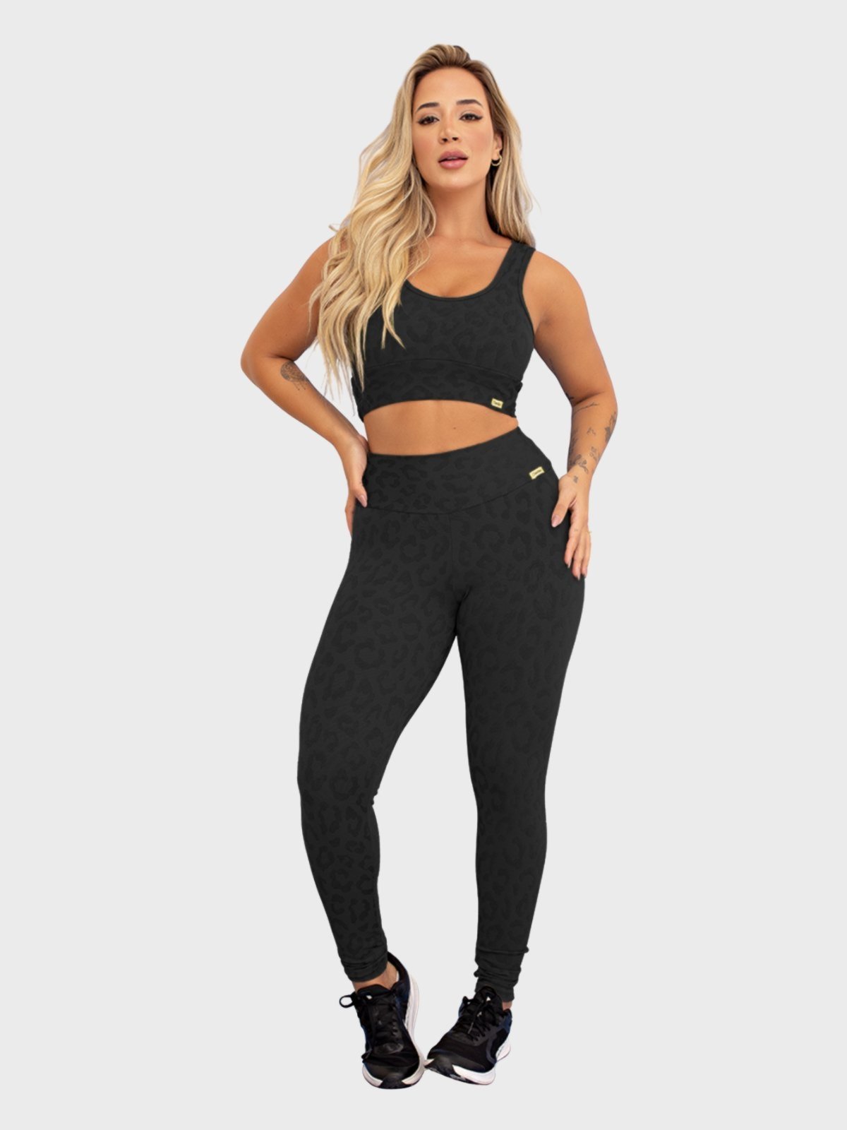 Conjunto Fitness Tarelles Top Calça Legging Textura Onça Preto
