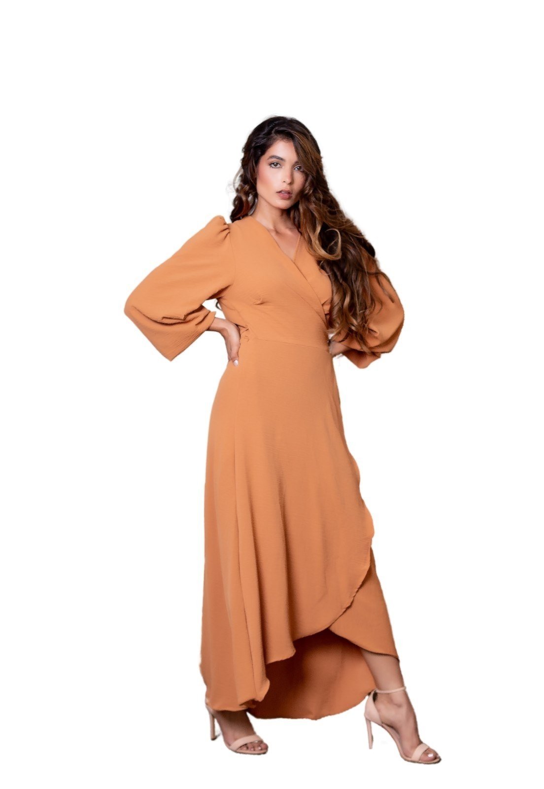 Vestido Midi Envelope Manga Longa Transpasse Caramelo