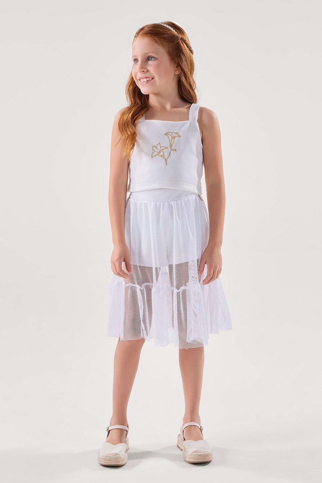 Infantil - Conjunto Blusa Off com Bordado e Short-Saia em Tule