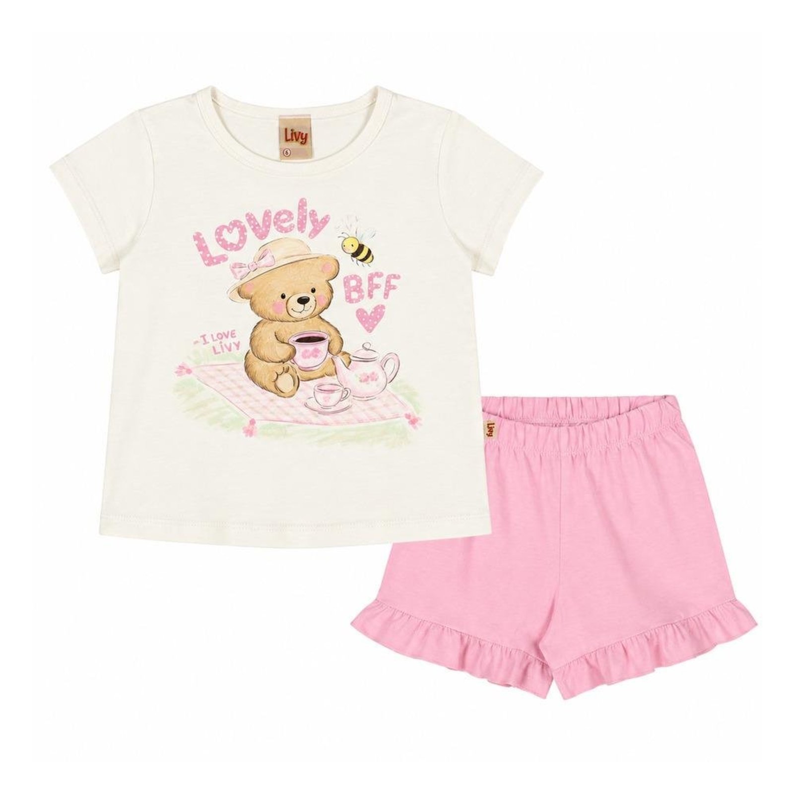 Infantil - Conjunto Feminino Verão Camiseta Shorts Livy Off White Rosa 1 Rosa
