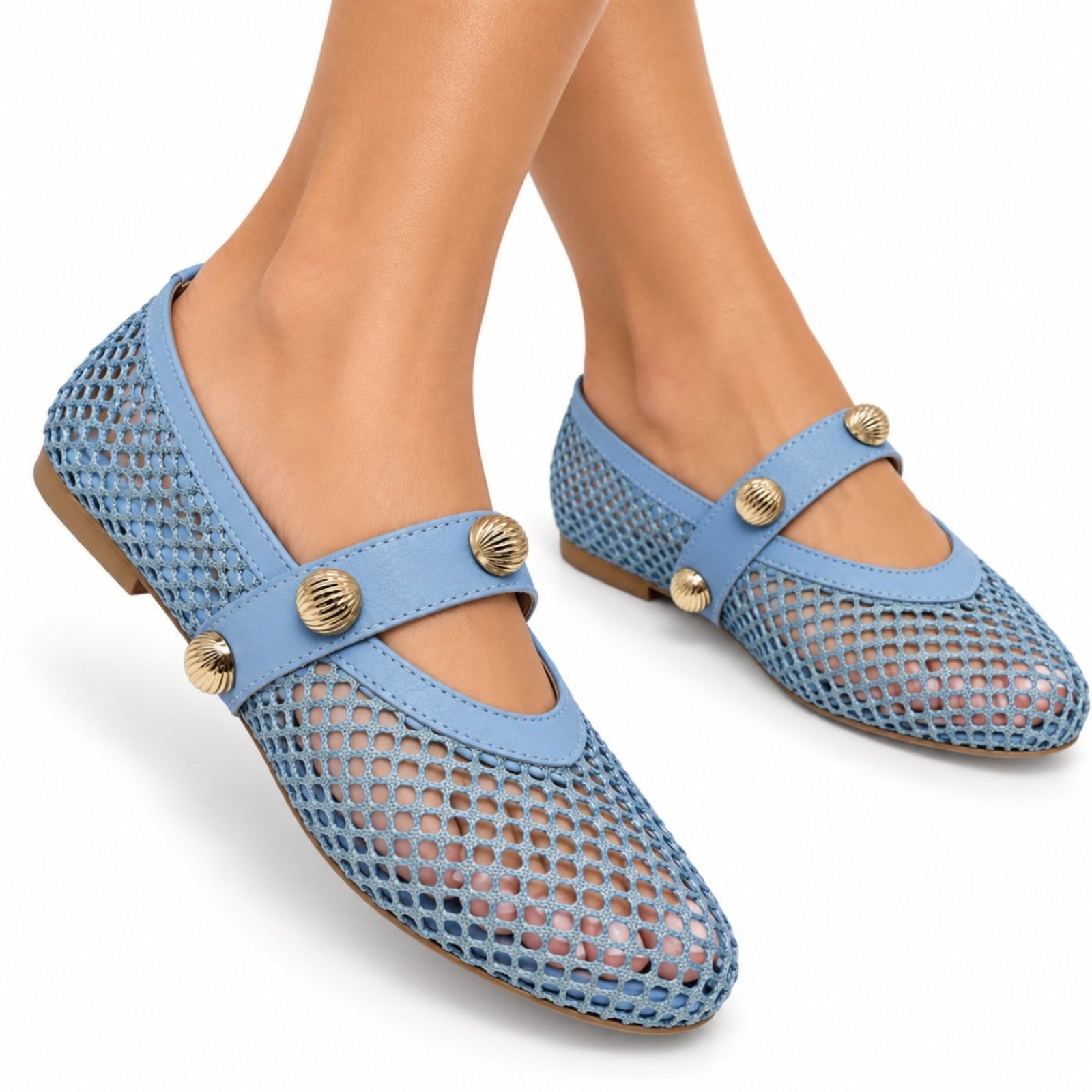 Sapatilha Boneca Bico Fino Flor da Pele em Tela Tira Com Bolinhas Douradas 5405 Azul Claro