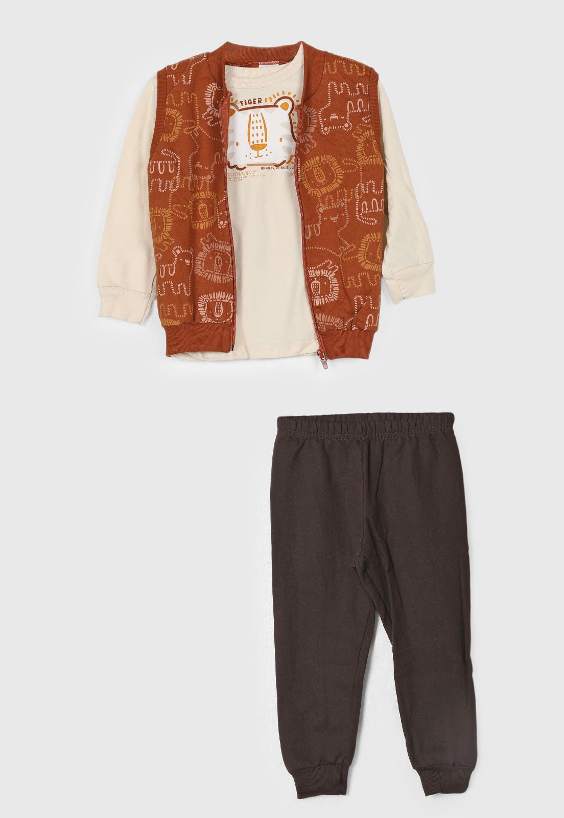 Conjunto Elian Camiseta Estampa Tigre Colete e Calça Bege