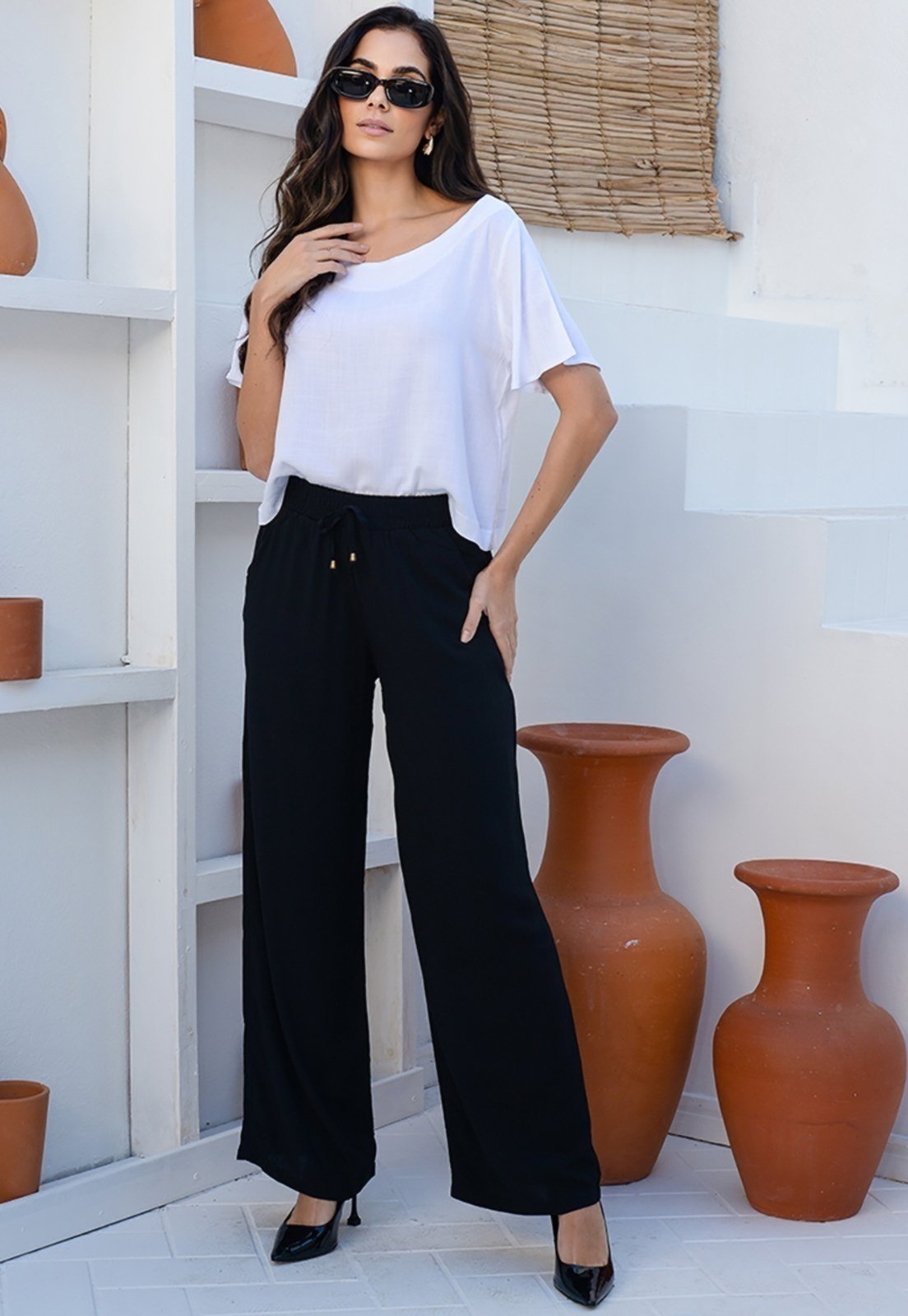 Calça Pantalona em Viscose B’Bonnie Manu Preto