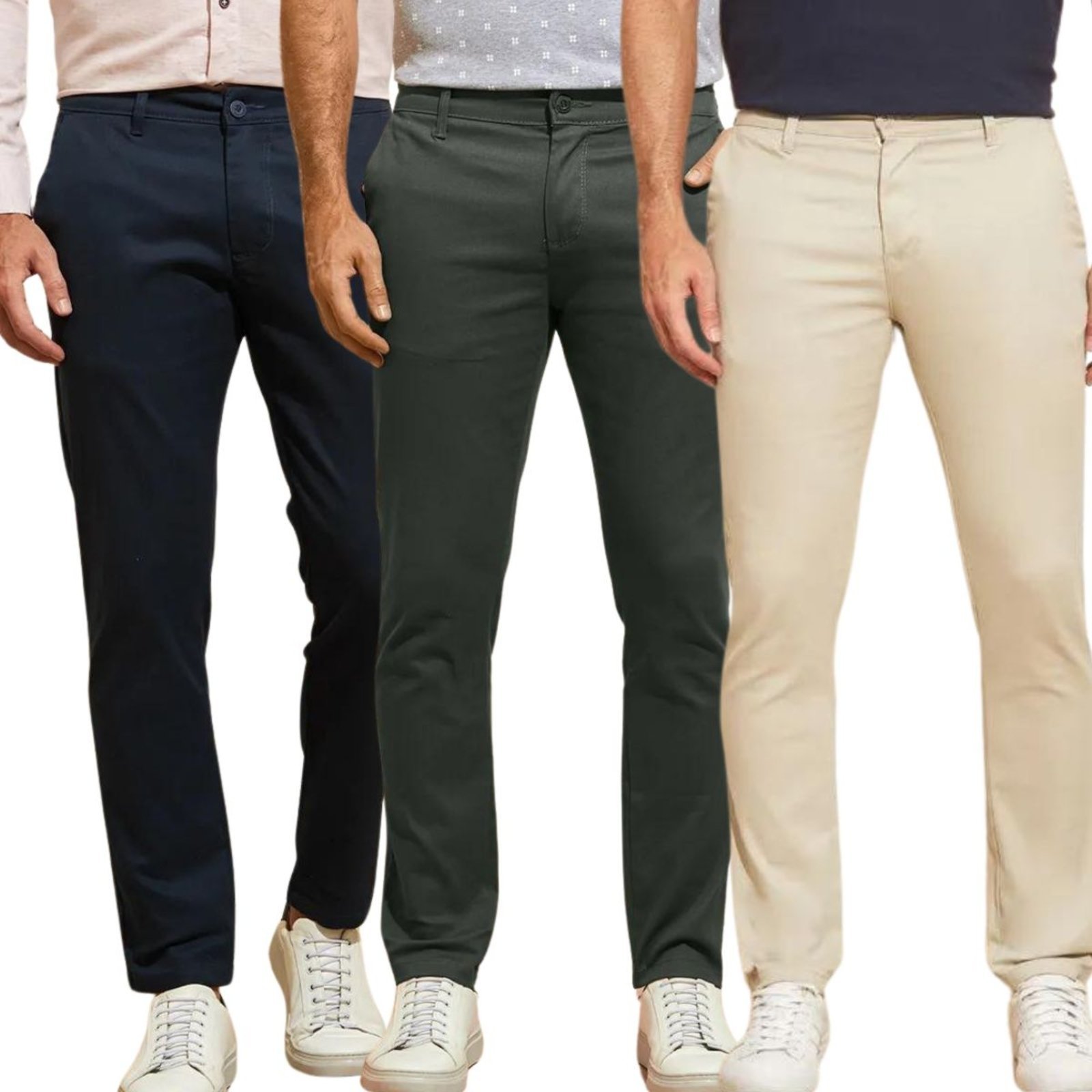 Kit 3 Calças FMF de Sarja Chino Com Bolso Traseiro Embutido Alfaiataria Skinny
