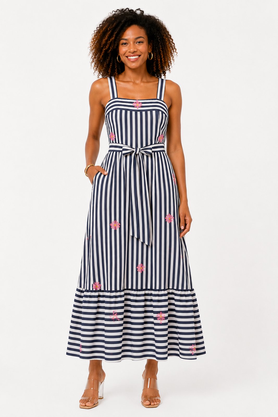 Vestido Longo Listrado D Bell Outlet Fashion com Bordados Azul Marinho