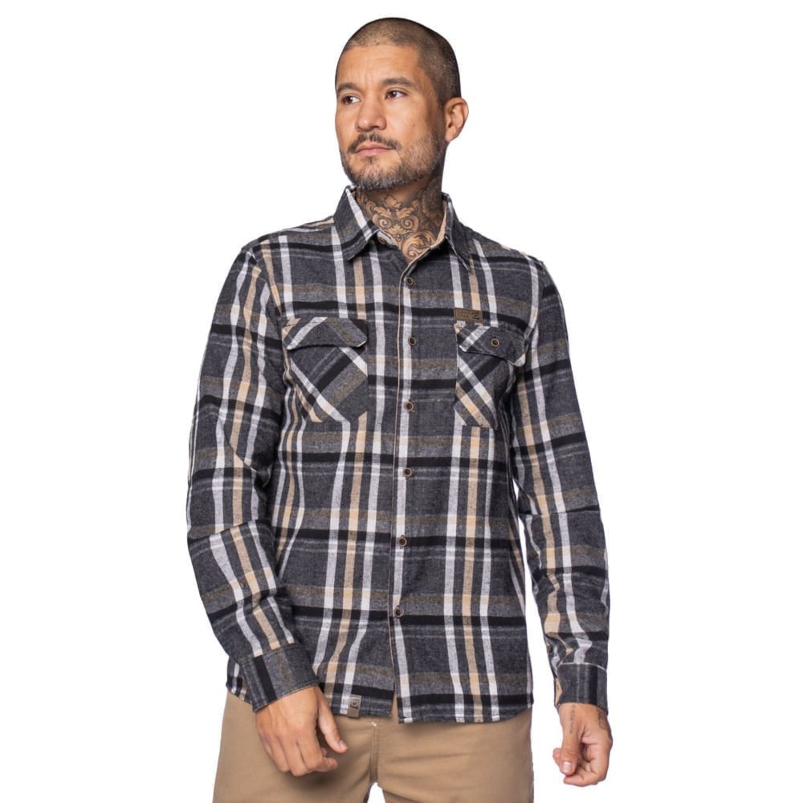 Camisa Masculina Gangster Flanelada Xadrez Preto/Cinza
