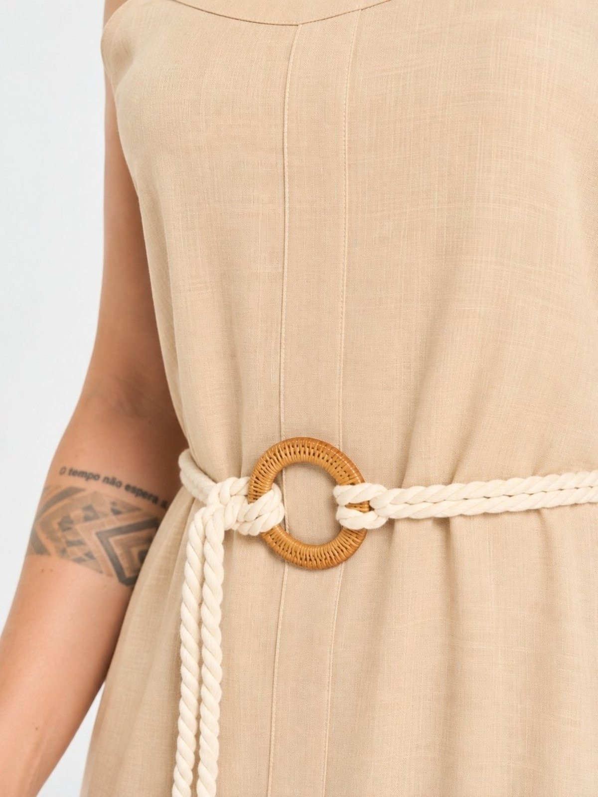 Vestido Longo PKS em Linho e Viscose Bege
