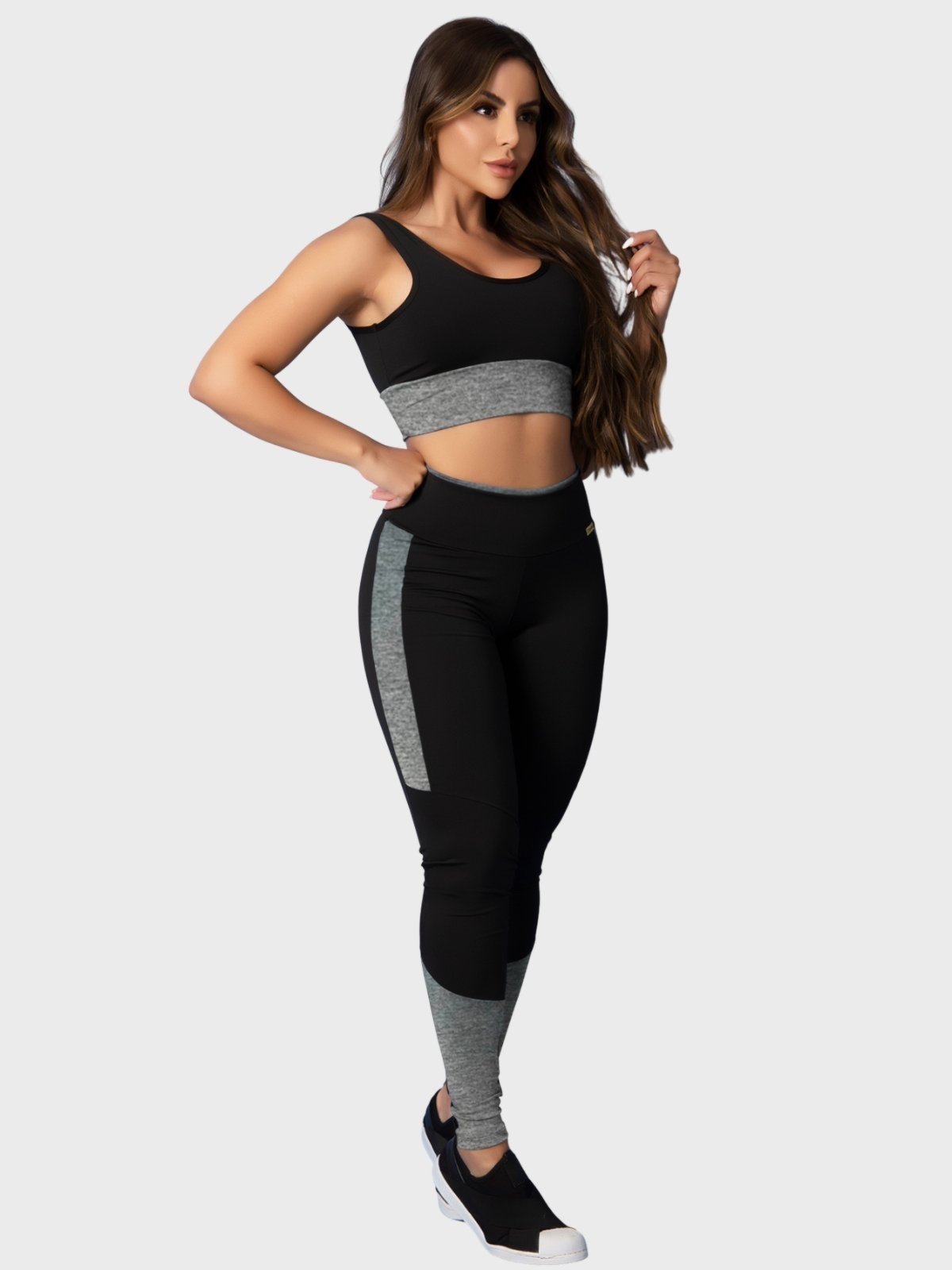 Conjunto Fitness Tarelles Top Calça Legging Cintura Alta Preto e Cinza