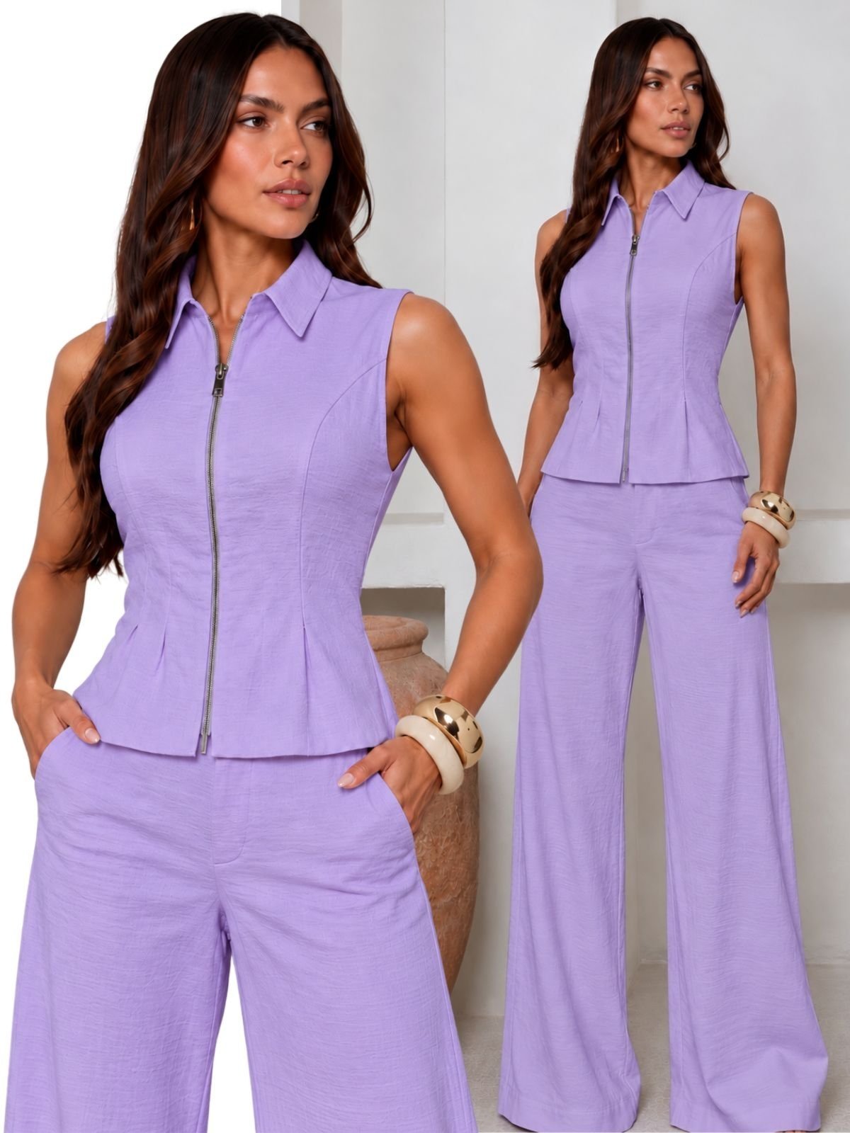 Conjunto Feminino Alfaiataria Colete com Zíper e Calça Pantalona Feminino - Lilás