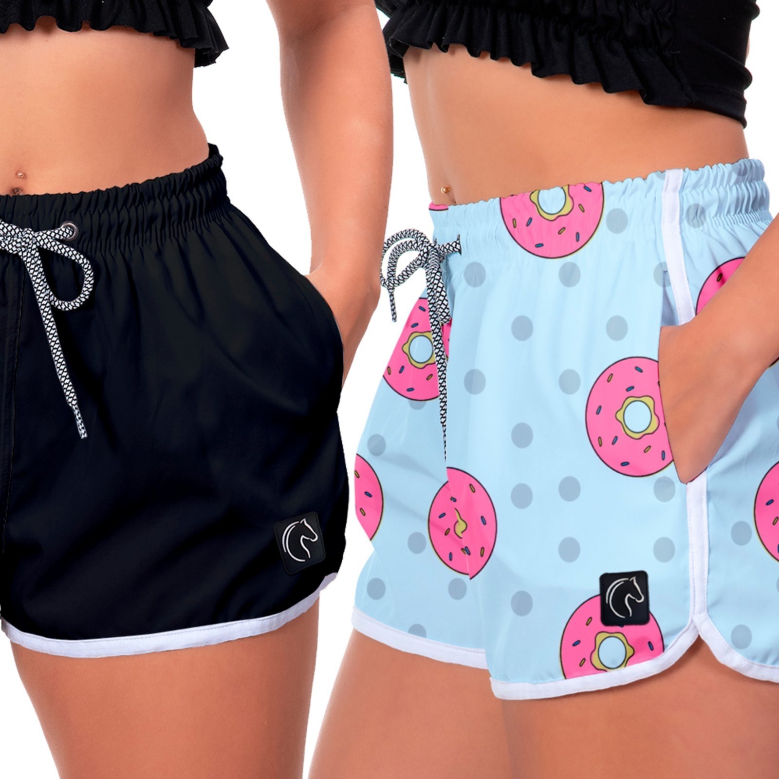 Kit 2 Shorts Feminino Premium Secagem Rápida com Elástico Cordão Ajustável e Bolsos Moda Praia Casual ou Treino Academia Preto e Rosquinhas