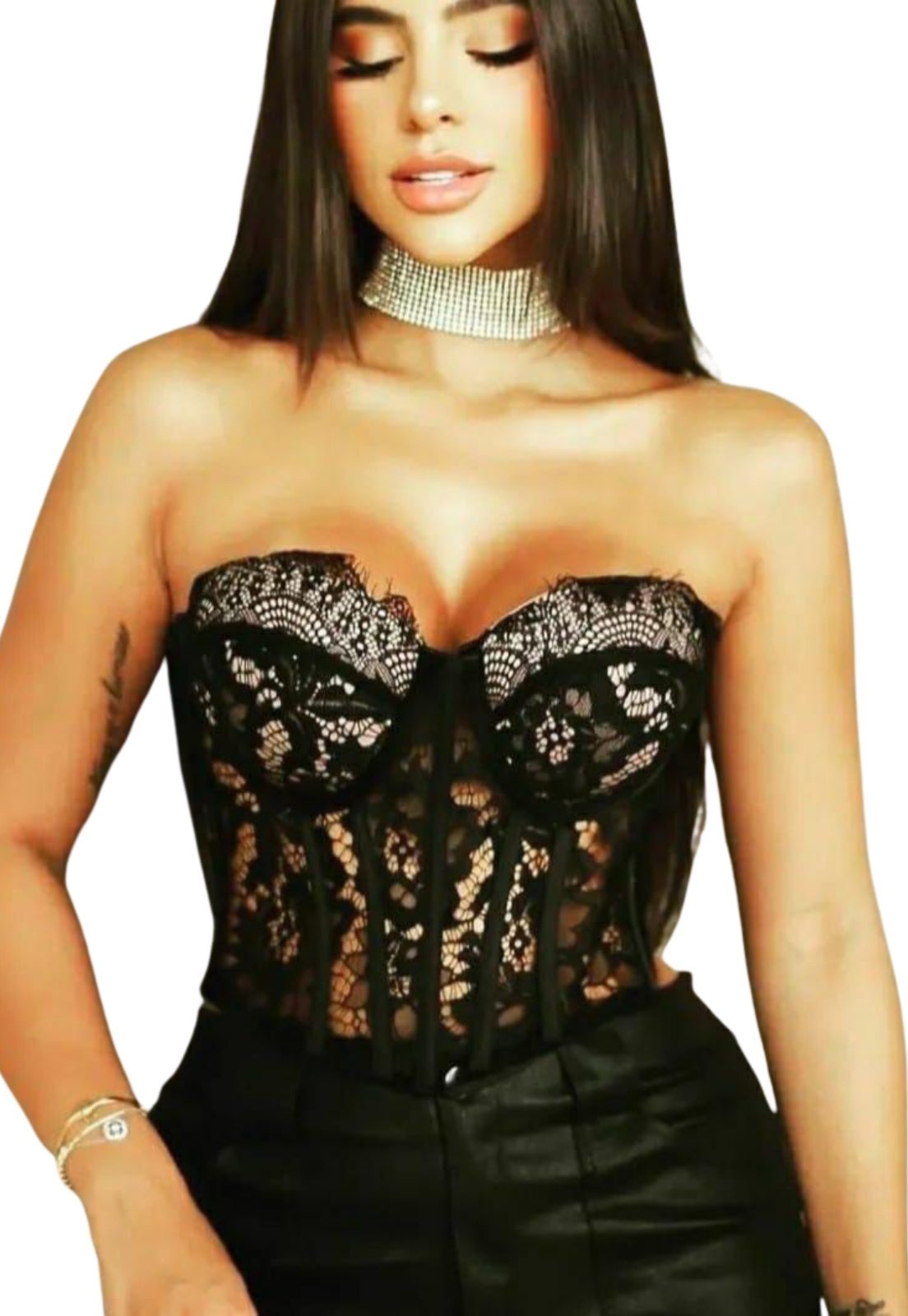 Cropped Espartilho Summer Body Corselet Feminino Renda Tomara Que Caia Preto