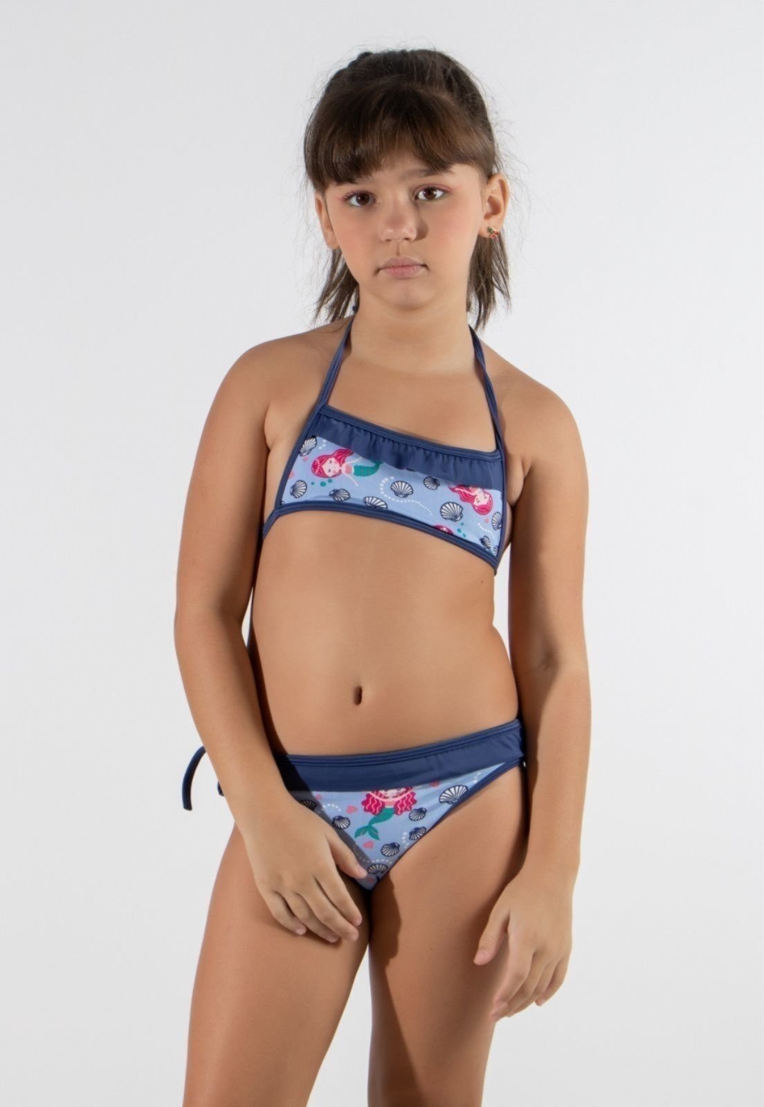 Biquíni WLS Modas Com Babadinho Estampado Top Amarração Azul