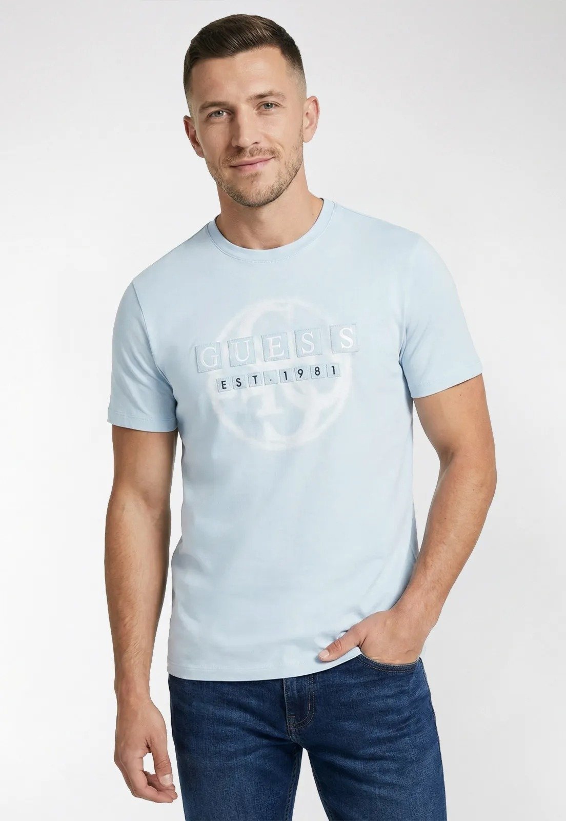 Camiseta Guess Eco Patch Logo Azul Claro