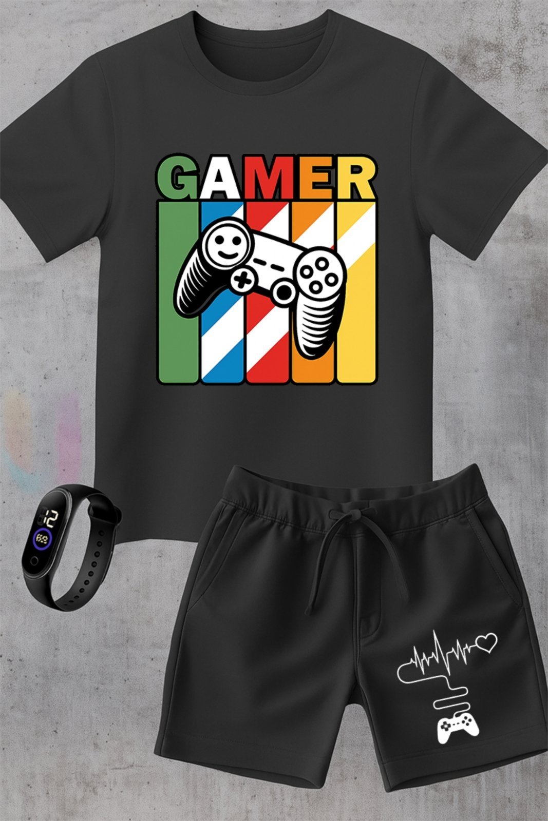 Infantil - Kit Gamer Urbania Camiseta 100% Algodão Bermuda Moletinho Estampada Brinde Relógio Digital Conforto e Estilo black