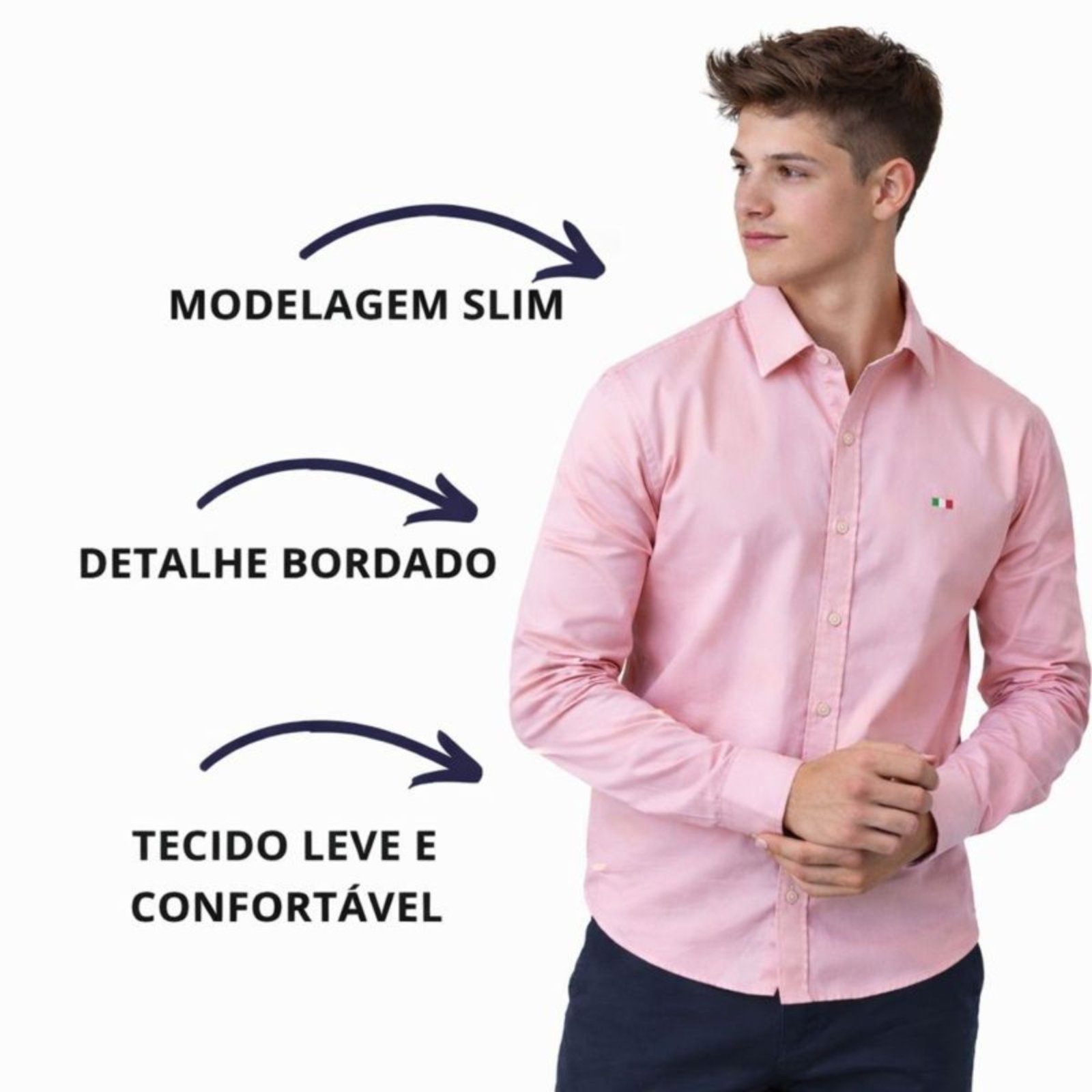 Vista 3 Camisa Social Masculina Slim Manga Longa Casual Premium Industrie rosa Industrie rosa