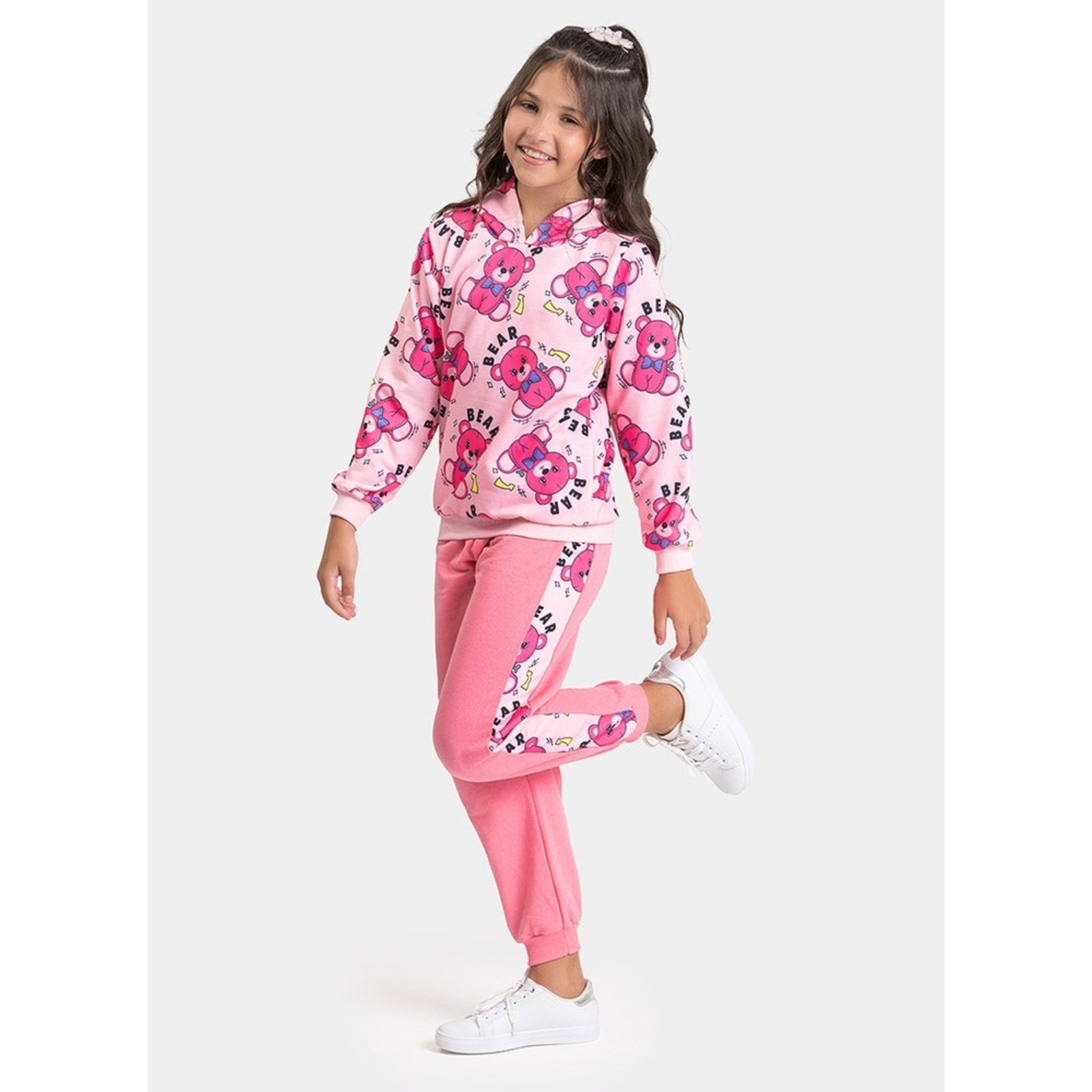 Infantil - Conjunto Inverno Menina Rosa Blusão com Capuz e Calça com Recortes em Moletom Ursinhos