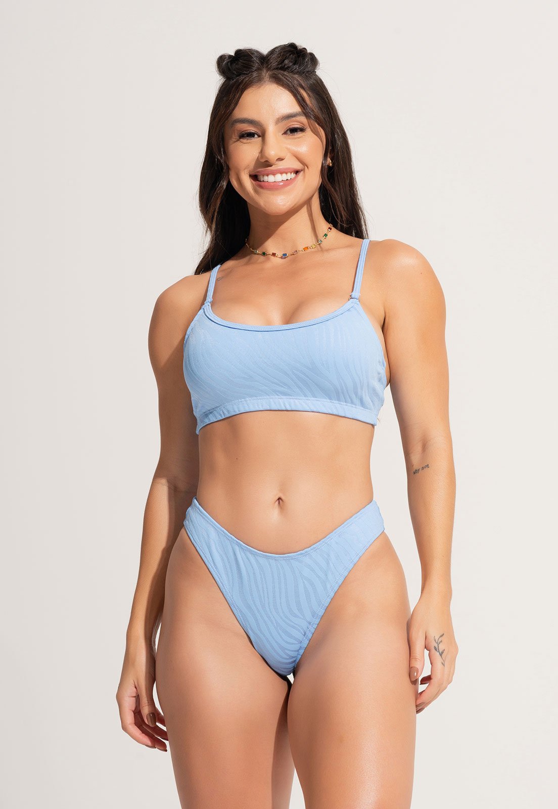 Biquíni MVB Modas Top Faixa Bojo Asa Delta Jacquard Alcinha Azul