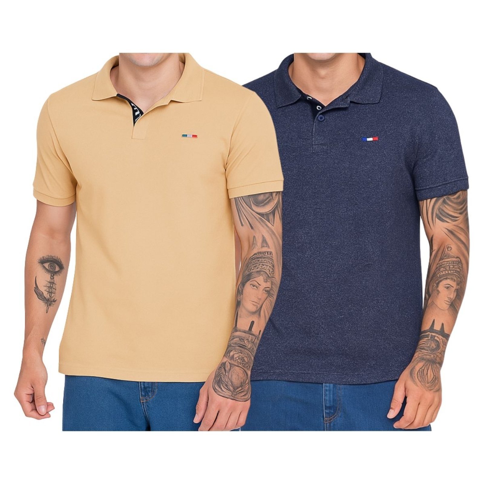Kit 2 Polos Masculina Básicas FMF Azul Jeans e Bege Claro Piquet no Estilo Tommy Bordado França