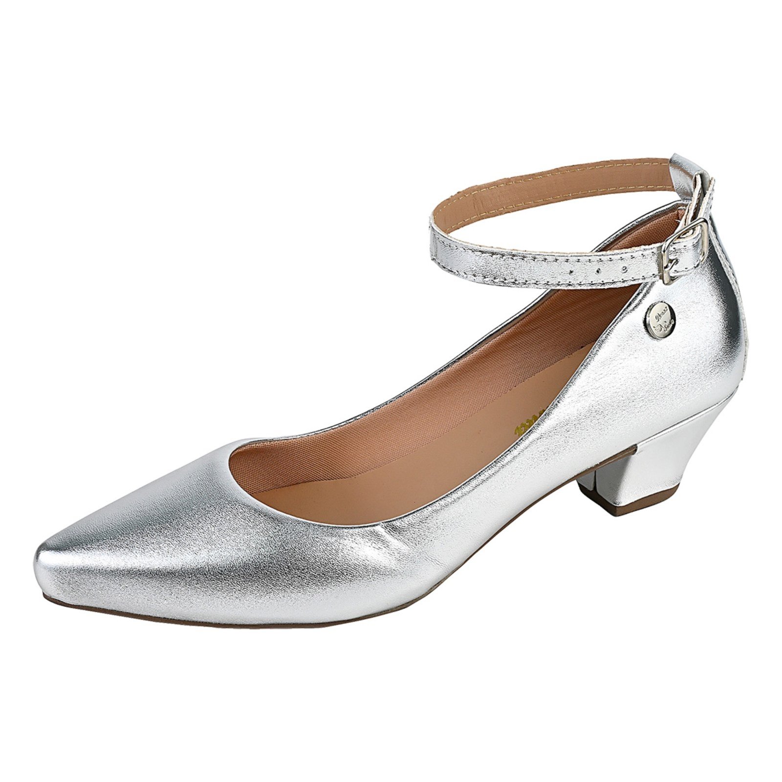 Salto Scarpin Tira Tornozelo Bico Fino Donna Santa Prata