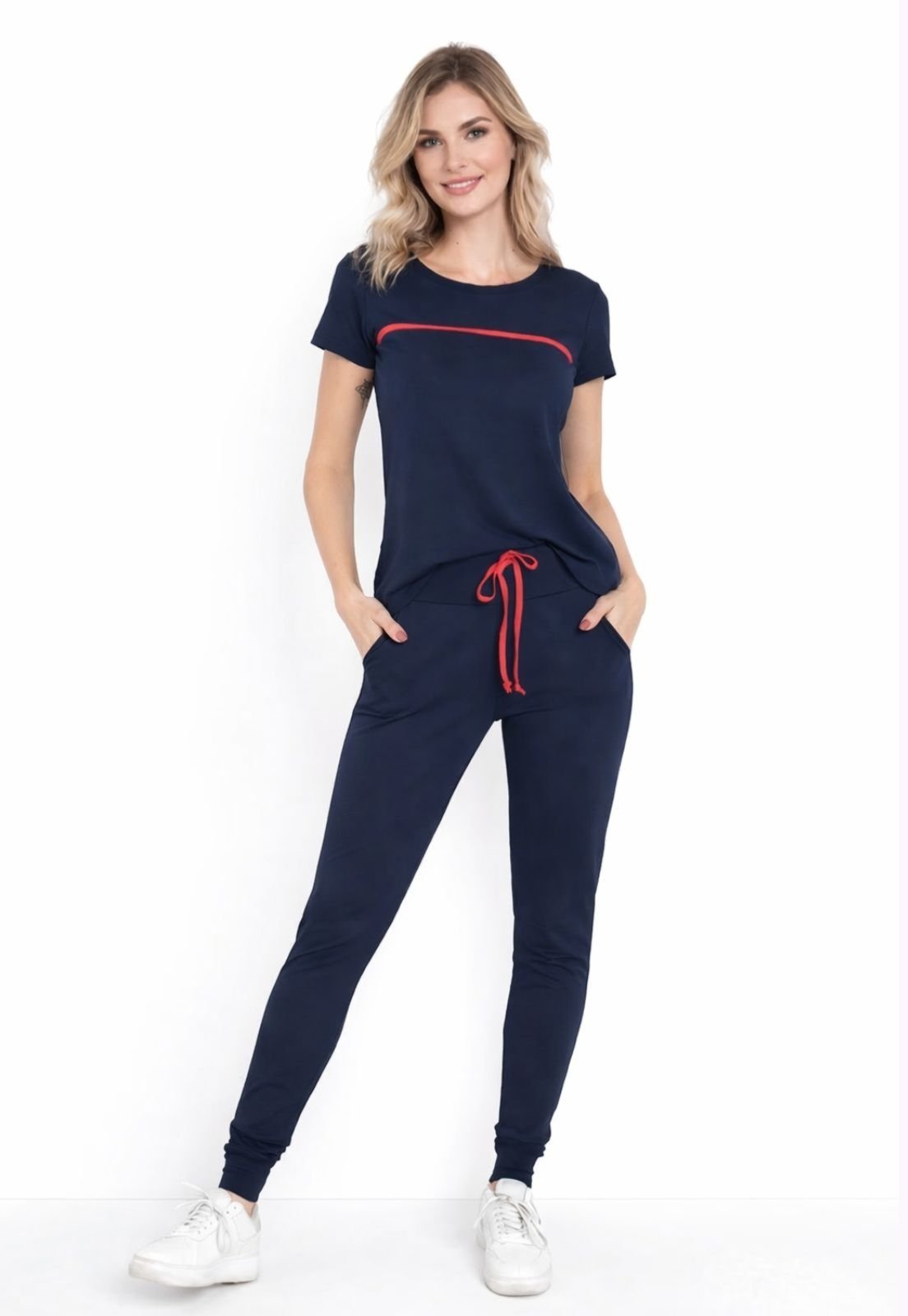 Conjunto Viscolycra Maria Paes Calça e Blusa Marinho com Viés Vermelho