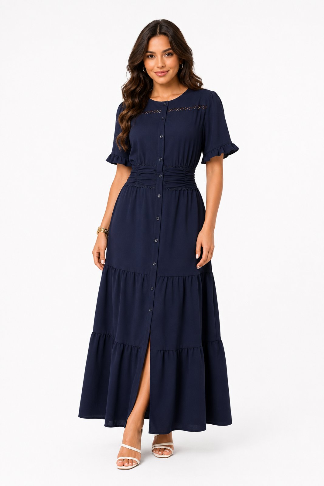 Vestido Longo D Bell Outlet Fashion Com Botões Azul Marinho