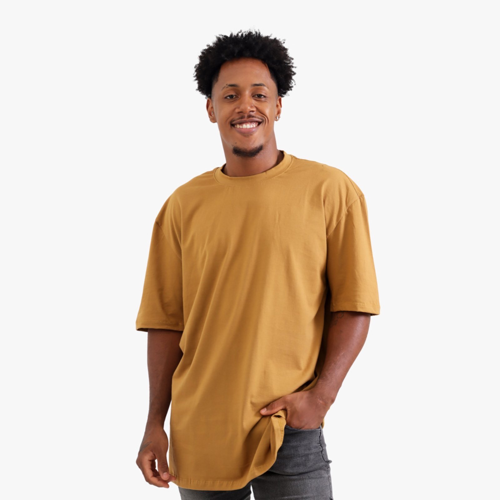 Camiseta Oversized Masculina Lisa Premium Algodão Gola Alta Caramelo