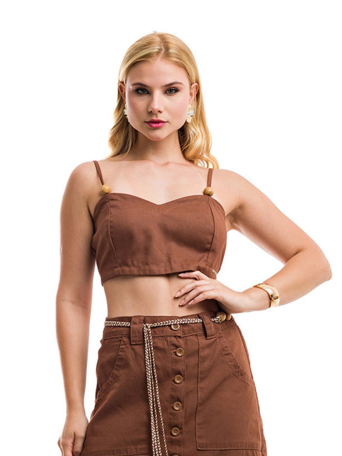 Vista 2 Cropped Restrito Jeans De Linho Premium 2 em 1 marrom Restrito Jeans marrom