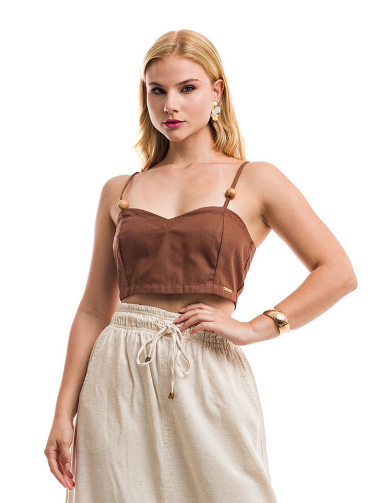 Vista 3 Cropped Restrito Jeans De Linho Premium 2 em 1 marrom Restrito Jeans marrom